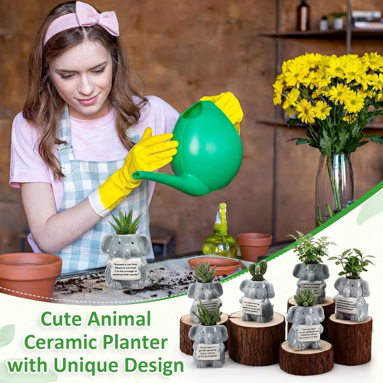 6 Pack 2.95 Inch Cute Elephant Ceramic Succulent Planter Pots with Drainage Hole Mini Inspirational Flower Planter Tiny Cactus Pot for Indoor Outdoor Plant Encouragement Gift for Women Men