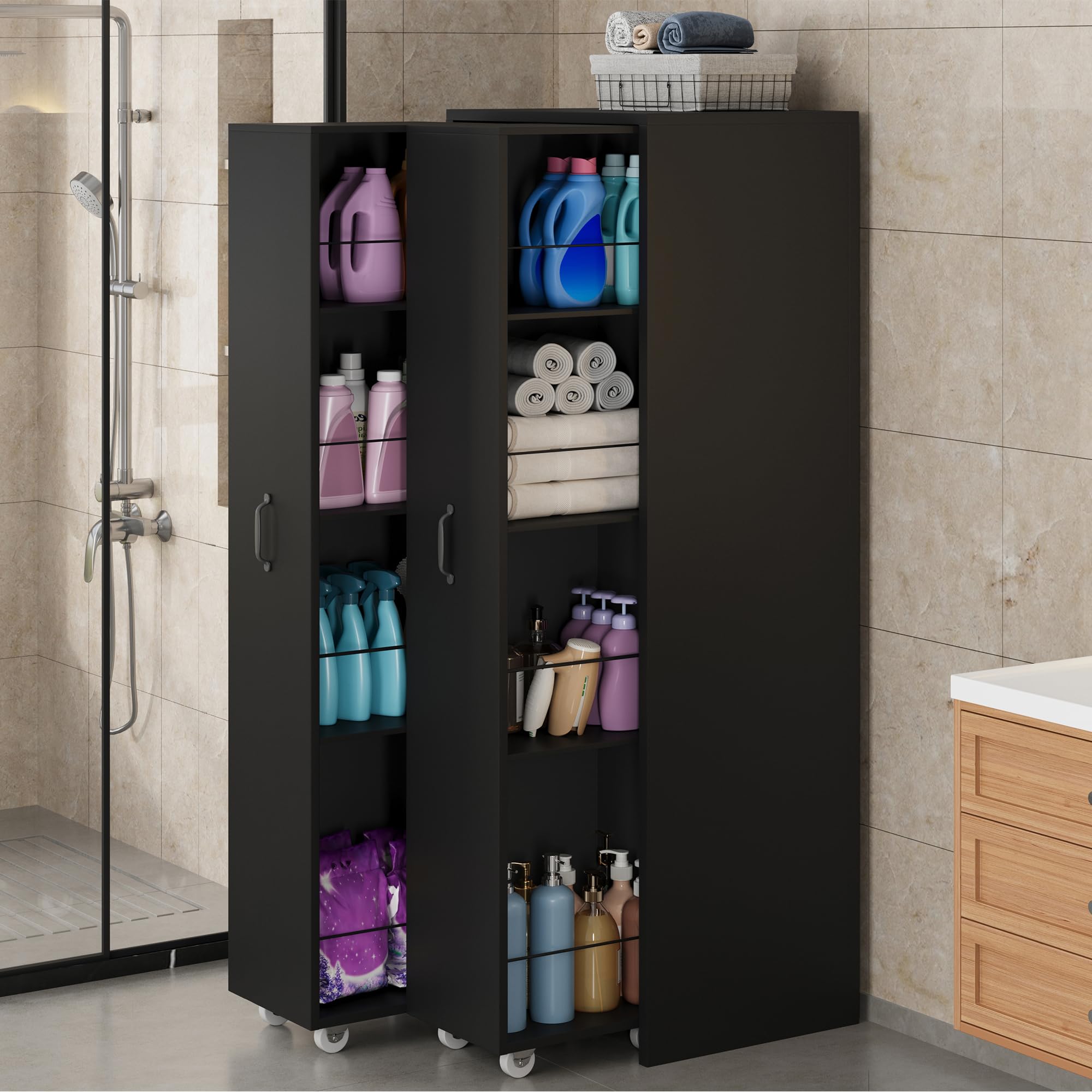 Azkoeesy Libreria a 4 Ripiano Estraibile con Ruote, 52x41x158 cm, Struttura Reversibile in MDF Resistente, Mobile Multifunzionale adatto per Bagno, Cucina e Soggiorno, Nero