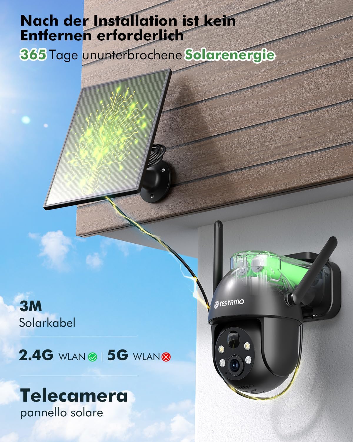 YESYAMO Telecamera Wifi Esterno Senza Fili con Pannello Solare, Videocamera Sorveglianza Esterno a Batteria, 360° Ptz, Visione Notturna A Colori, Audio Bidirezionale, Allarmi Pir, 2.4ghz, Waterproof