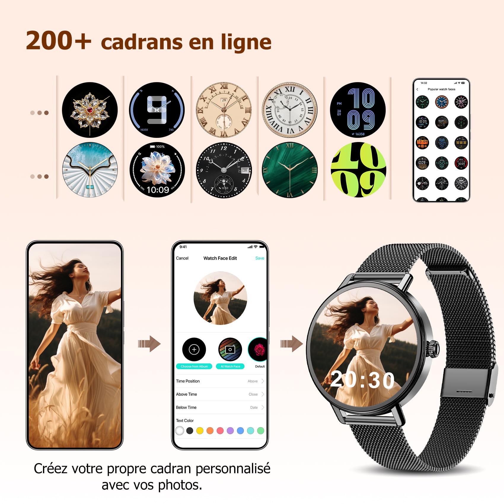 IOWODO Montre Connectée Femme avec Appels Bluetooth, Écran HD 1,26 Pouce, Bluetooth 5.4, 100+ Modes Sportifs, Fréquence Cardiaque et SpO2, Suivi du Cycle Féminin, Étanche IP68, Or Rose