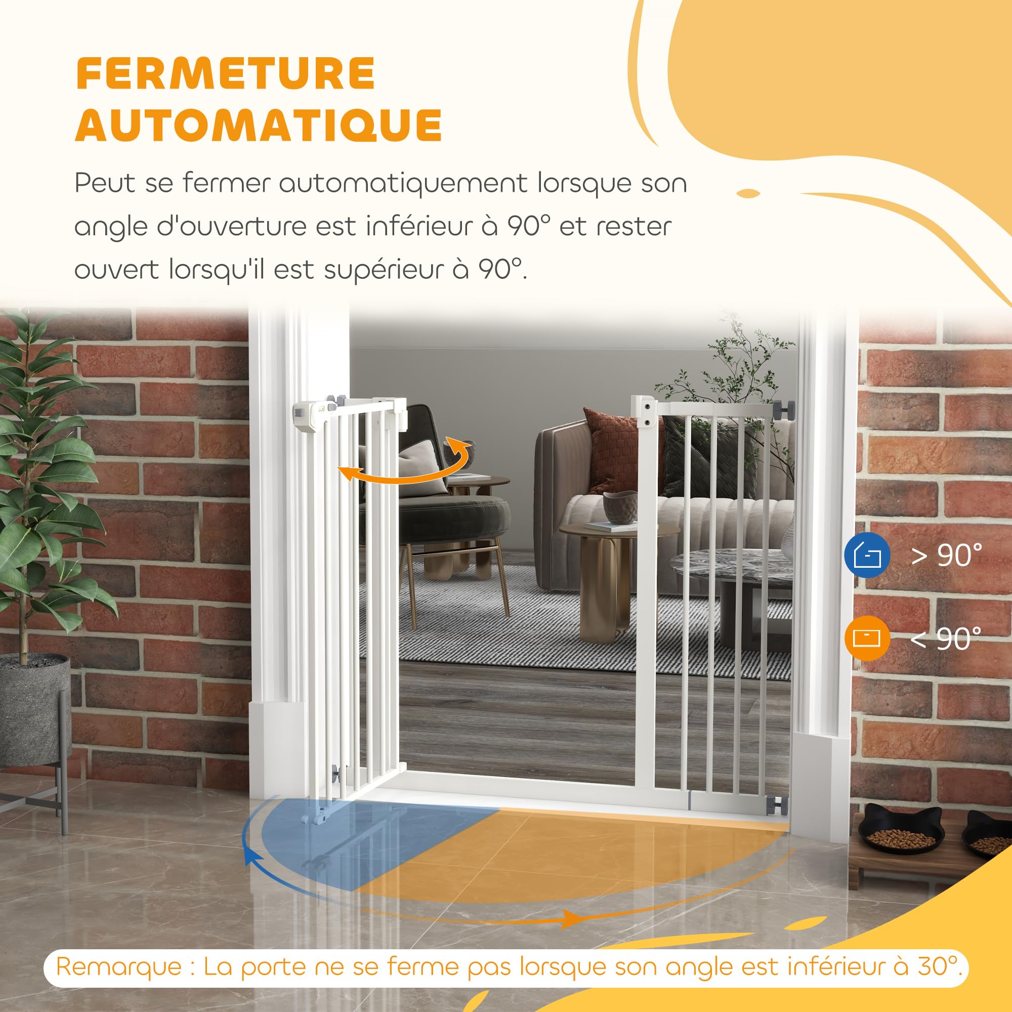 PawHut - Barrera de Seguridad para Animales (74-94 x 77 cm, con Puerta de Cierre automático, Sistema de Doble Bloqueo sin Taladro, con 1 extensión, Color Blanco | Cierre automático, doble bloqueo, sin taladrar, 1 extensiones, para escaleras, pasillos, pue