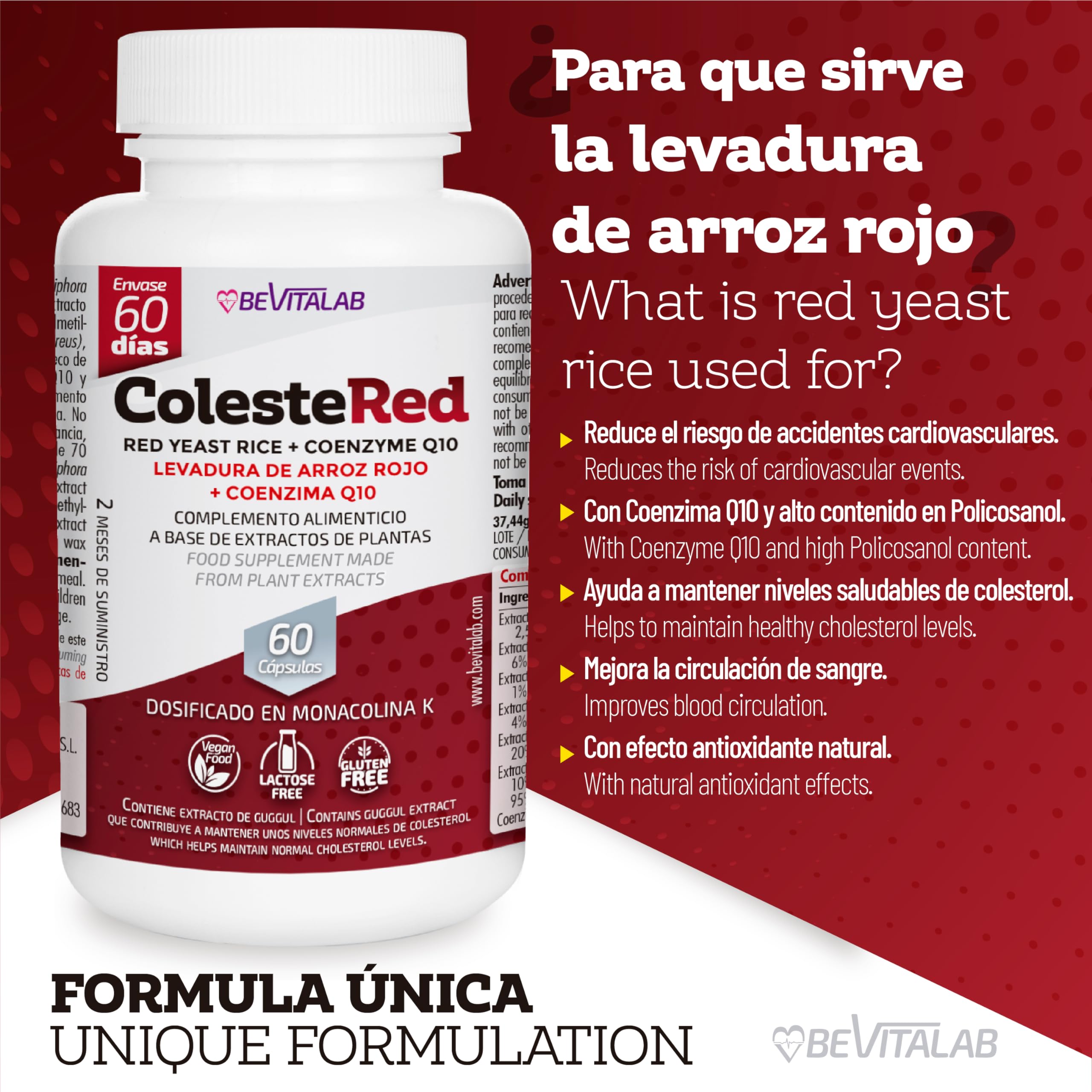 Colestered para Regular Nivel de Colesterol y Salud Cardiovascular, Levadura de Arroz Rojo con Monacolina K, CoQ10, Vitamina B6, Suplemento Alimenticio, 60 Cápsulas, Fabricado en España