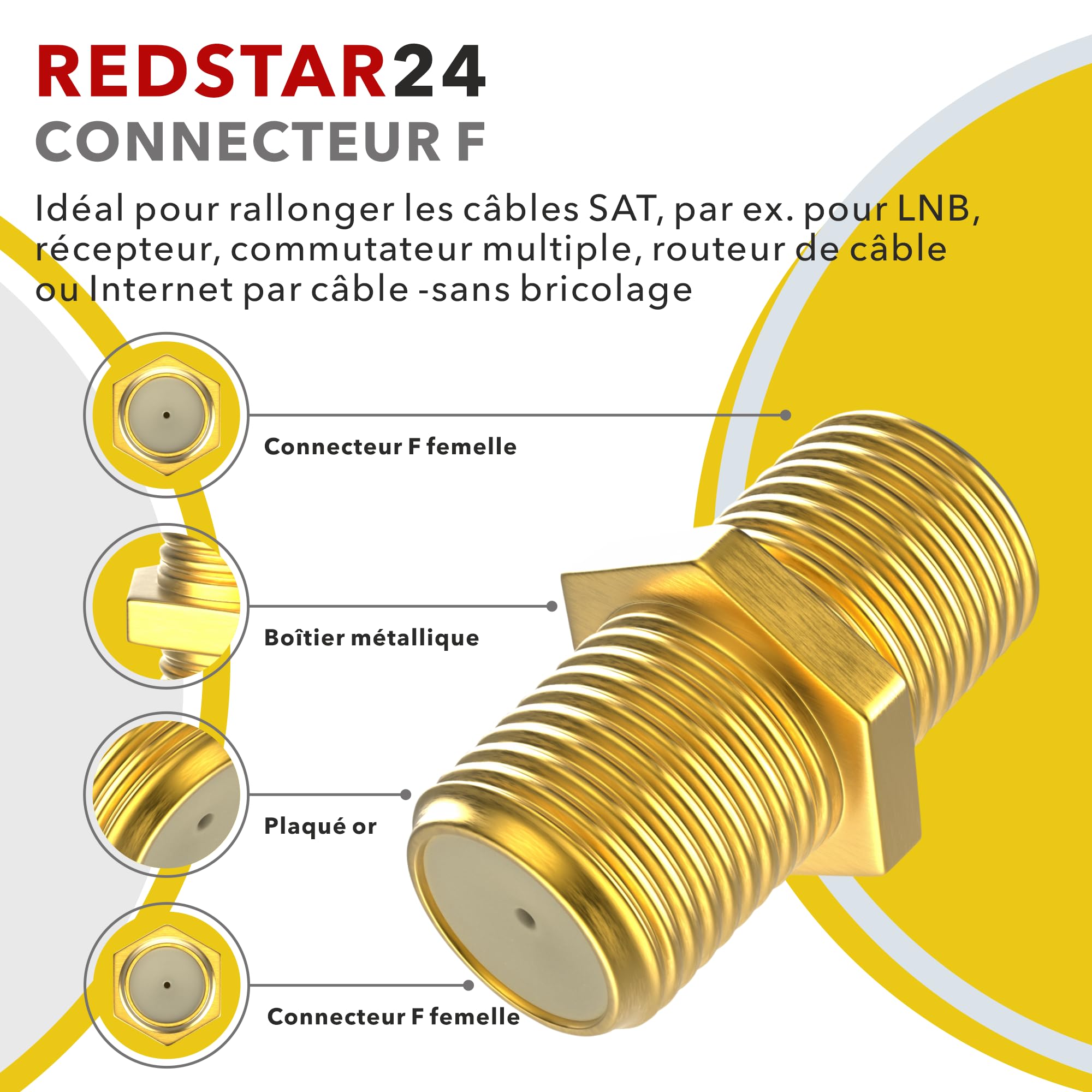 Connecteur F Fiche 7mm 10x + F Coupleur 5X | Joint en caoutchouc | Ecrou large à visser | Rallonge pour câble d'antenne coaxial Câble coaxial SAT | Satellite LNB F mâle + Connecteur Set