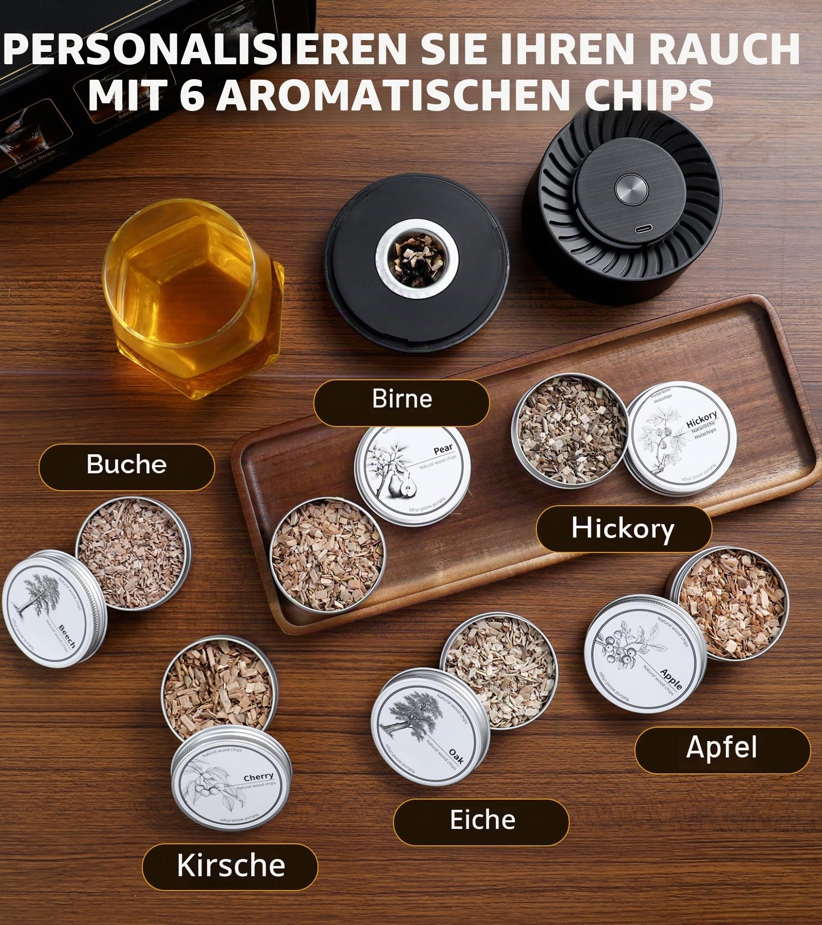 Elektrisches Whisky-Räucherset mit LED-Licht, 6 Holzspäne-Aromen, kein Butan erforderlich, wiederaufladbarer Cocktail, altmodisches Räucher-Set, Bar-Set, Zubehör, Geschenke für Männer, Vater, Ehemann