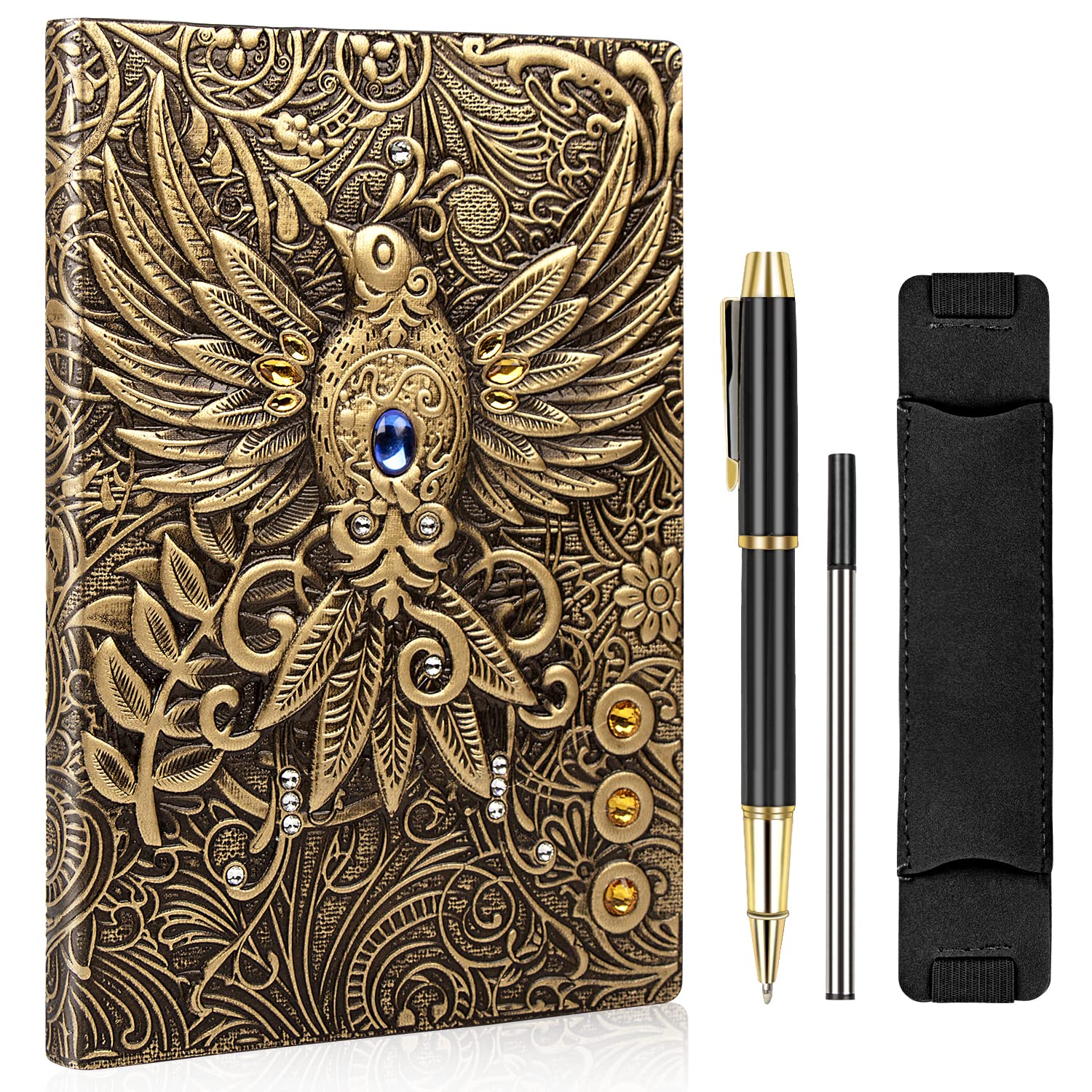 DND Journal Vintage Embossed 3D Phoenix Notebook, Antique Leather A5 Travel Diary, with Black Ballpoint Pen and Pen Sleeve, Daily Notepad Sketchbook, Suitable for Women&Men (Bronze)
