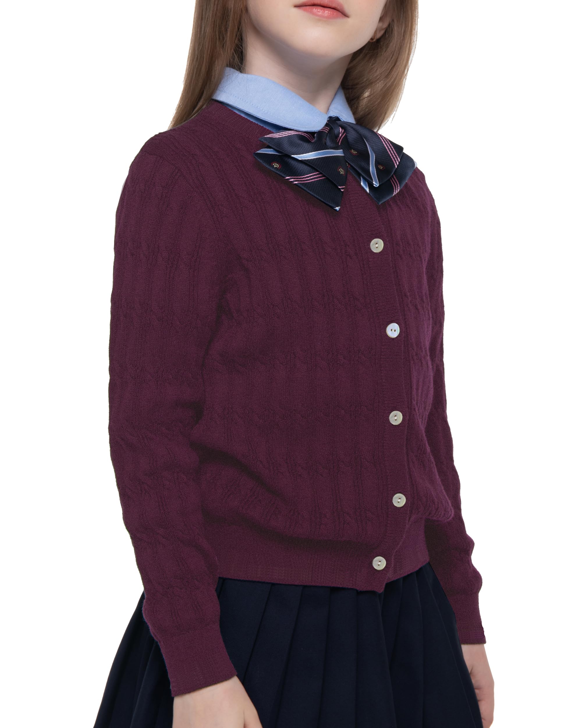 BOBOYOYO Girls Cardigan 100% Cotton Kids School Uniform Sweater Cable Knit