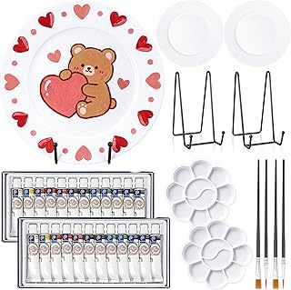 ElaraBerry 12 Pcs Paint Your Own Porcelain Plates Ceramic Painting Kit Includes 2 Porcelain Plates, 2 Paints, 4 Paint Brushes, 2 Stands and 2 Color Palettes DIY for Birthday Christmas Gifts Adults
