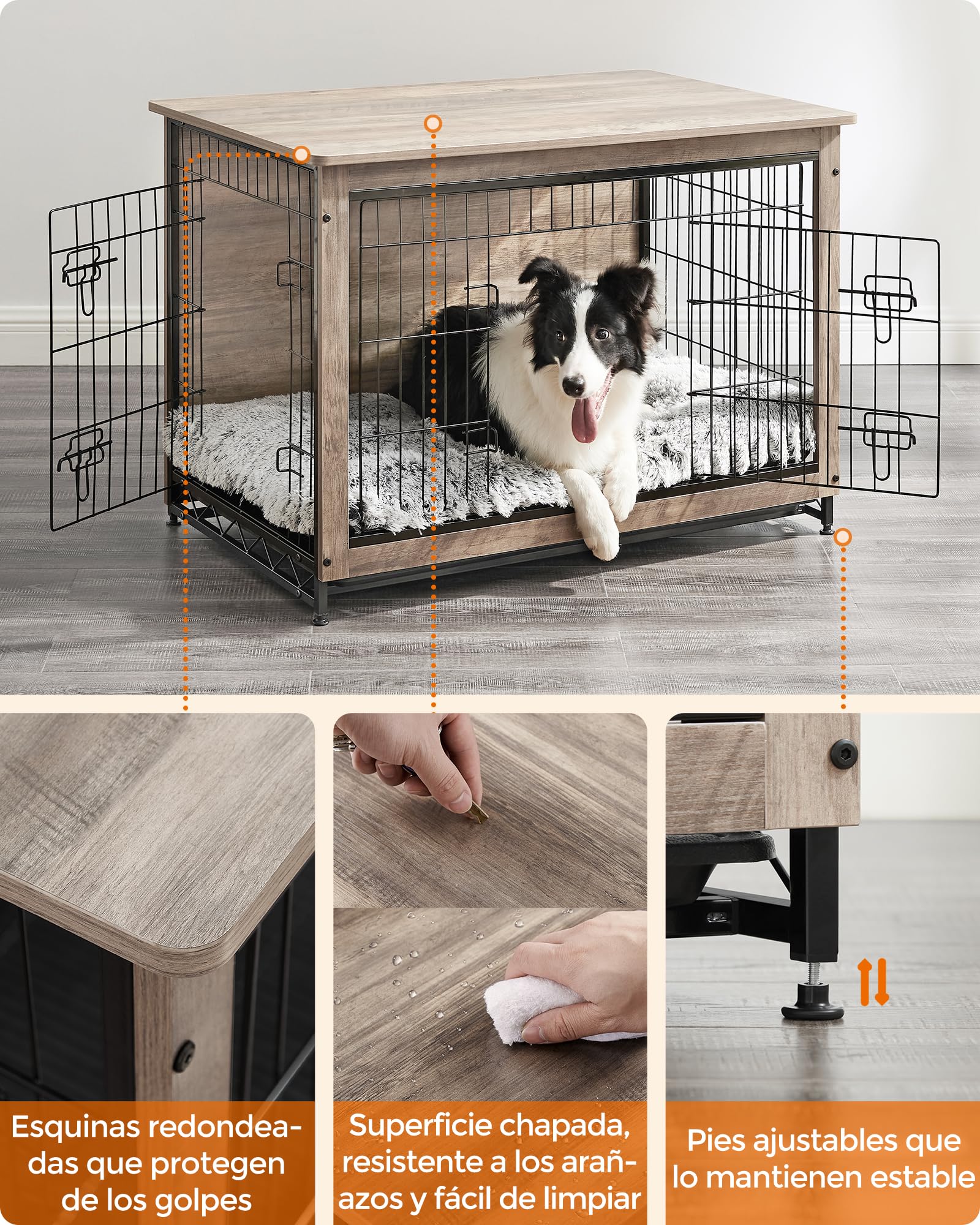 Feandrea Jaula para Perros, Mesa Auxiliar, Moderna Jaula para Perros hasta 32 kg, Jaula para Cachorros, Bandeja Extraíble, Casa para Mascotas, 2 Puertas, Greige PFC003G01