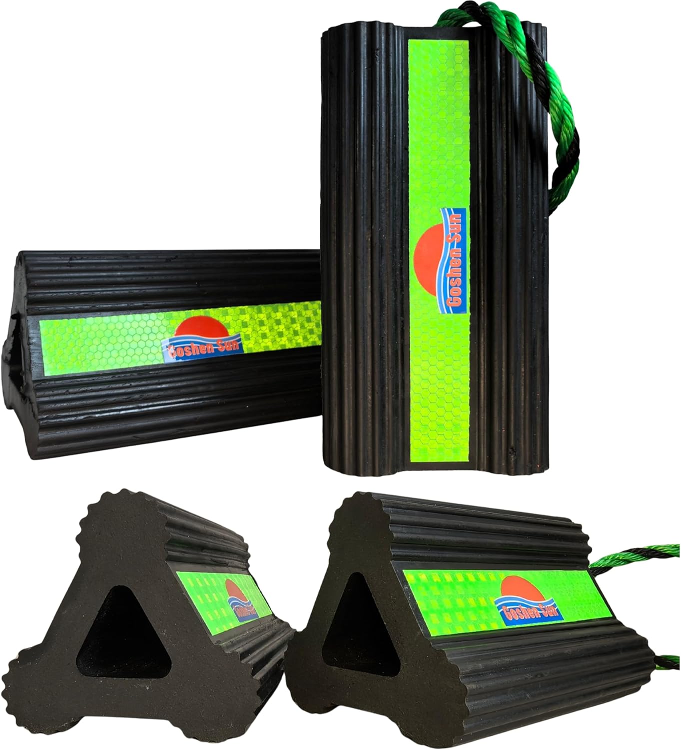 Goshen Sun- Heavy Duty Rubber Wheel Chocks with Reflective Strips,Set of 2/4 (8.25x4.5x4 Inch),All-Weather, Non-Slip,Wear-Resistant & Portable Parking Security for Airplan, RV, Trailer (4, Green)