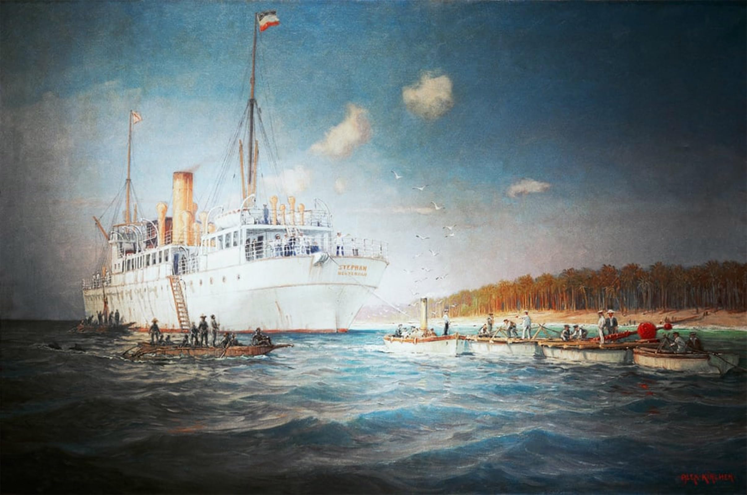 Posteriik No Frame Vintage Art Print Images Pictures Print Cable Steamer Stephan In Front Of The Karolineninsel Yap By Alexander Kircher Modern Colour Posters For Office Home Decor 60X90cm