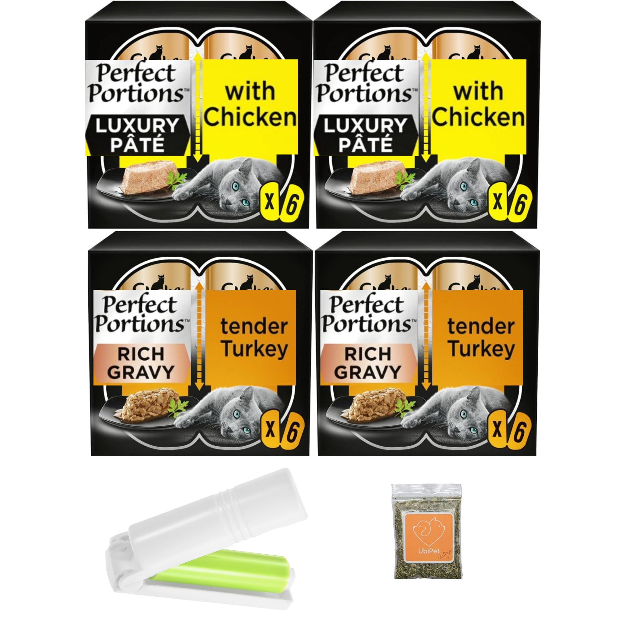 Cat Food Trays Bundle with Portion Pate Chicken and Turkey Flavours (Total 24 trays x 37.5gram) 1x UbiPet Catnip and 1x Lint Roller