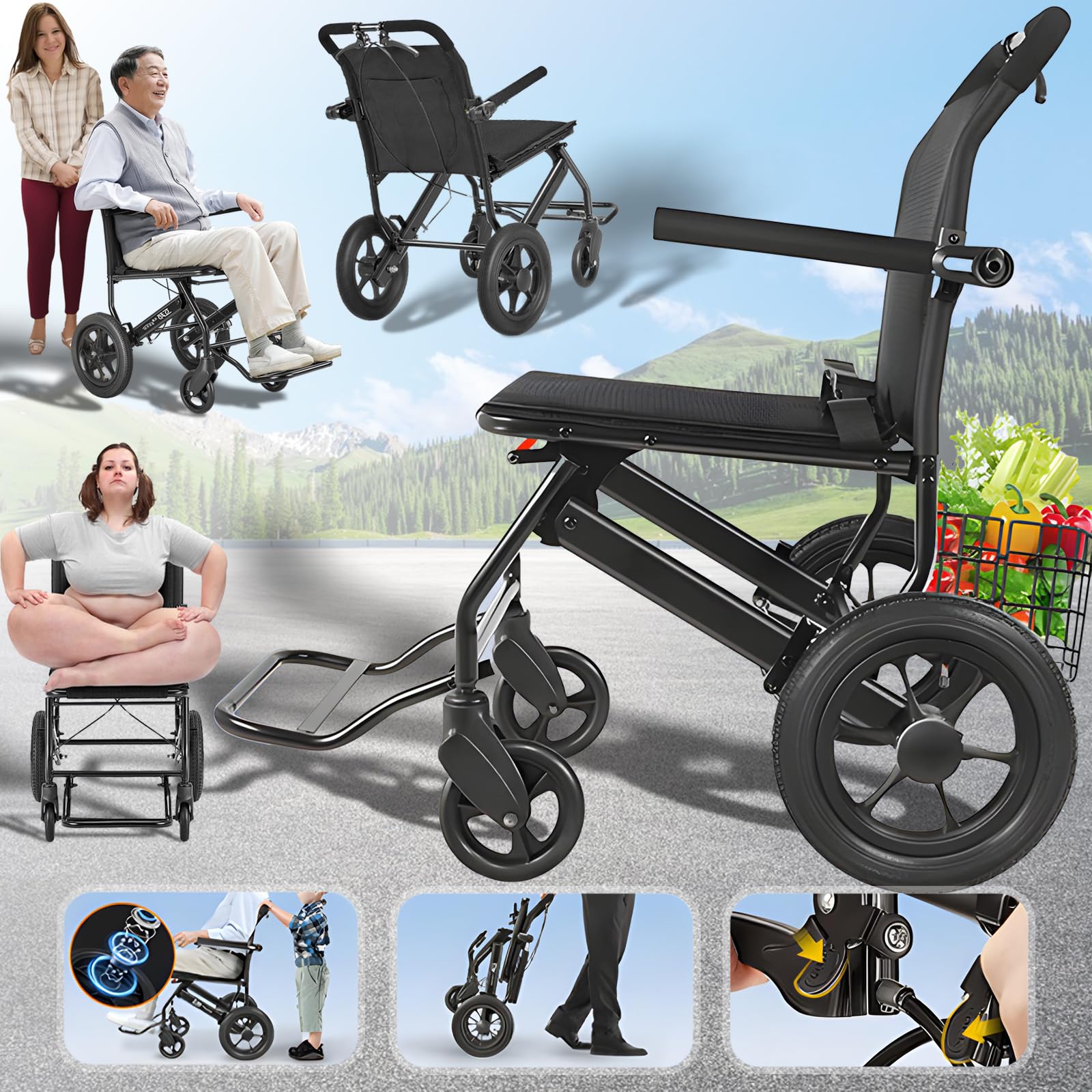 Silla De Ruedas Manual Plegable Ultraligera Para Ancianos Y Discapacitados - Fácil De Transportar Con Ruedas Traseras De 12 Pulgadas, Diseño Ergonómico Y Fácil Maniobrabilidad,With basket