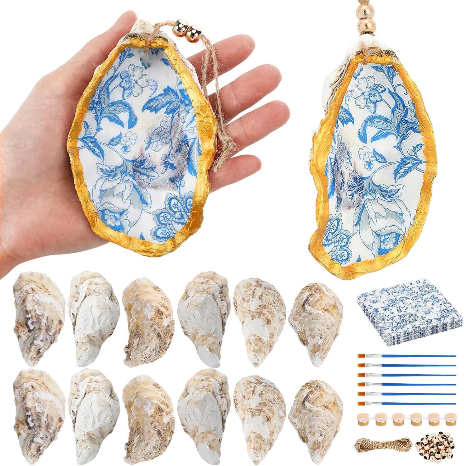 Aulock 12pcs Pre-drilled Oyster Shells for Crafts - 4'' to 5'' Seashells Oyster Ornament with Decoupage Napkins, Golden Beads, Brushes, Paints & Strings, for Coastal Room Decor Beach Gifts
