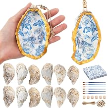Aulock 12pcs Pre-drilled Oyster Shells for Crafts - 4 to 5 Seashells Oyster Ornament with Decoupage Napkins, Golden Beads, Brushes, Paints & Strings, for Coastal Room Decor Beach Gifts