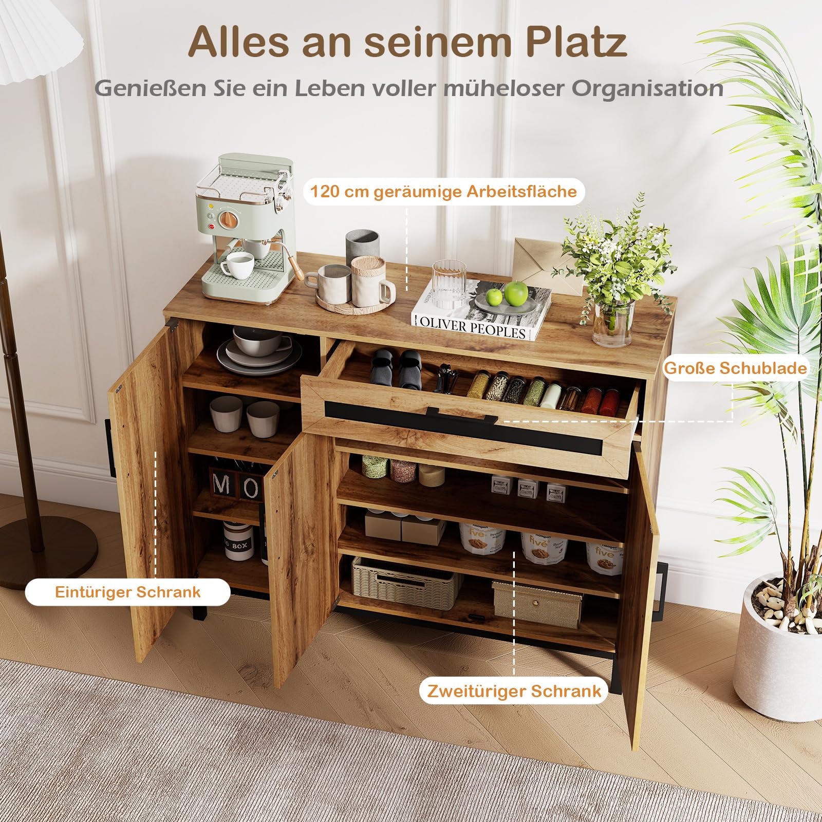 COSTWAY Sideboard Holz, Küchenschrank mit Schublade, 3 Türen, herausnehmbaren Regalen, 120 x 41 cm Arbeitsfläche, Buffetschrank für Küche, Esszimmer, Aufbewahrungsschrank, Natur + Schwarz
