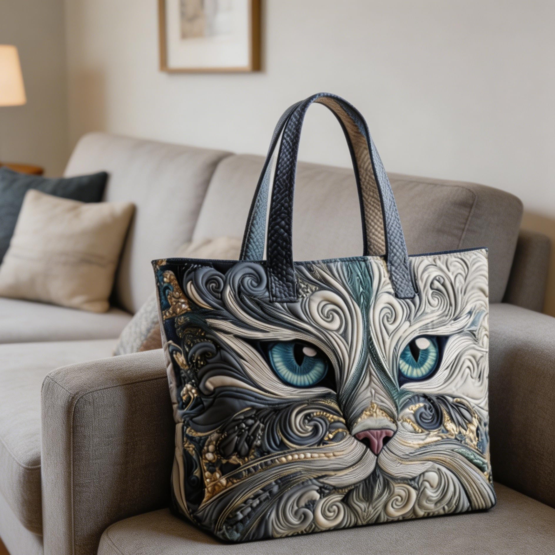 Sac fourre-tout matelassé léger pliable motif chat mignons, fait main artisanal spacieux réutilisable. Idéal sorties, randonnées, quotidien et cadeau pour amis