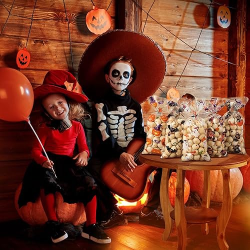 Miniatura 6 de 100 bolsas de dulces de celofán de Halloween a granel, bolsas de plástico con lazos giratorios, suministros de fiesta temática de Halloween, bolsas