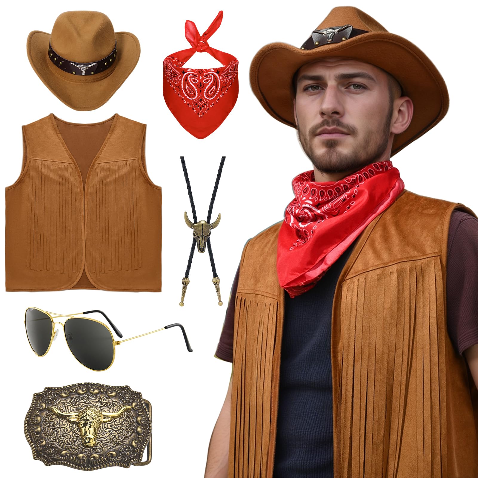 Antsparty Western Cowboy Costume for Men, Cowboy Cosplay Outfits with Tassel Vest Cowboy Hat Glasses Paisley Bandana, Retro Cowboy Fancy Dress for Western Theme Party Cosplay