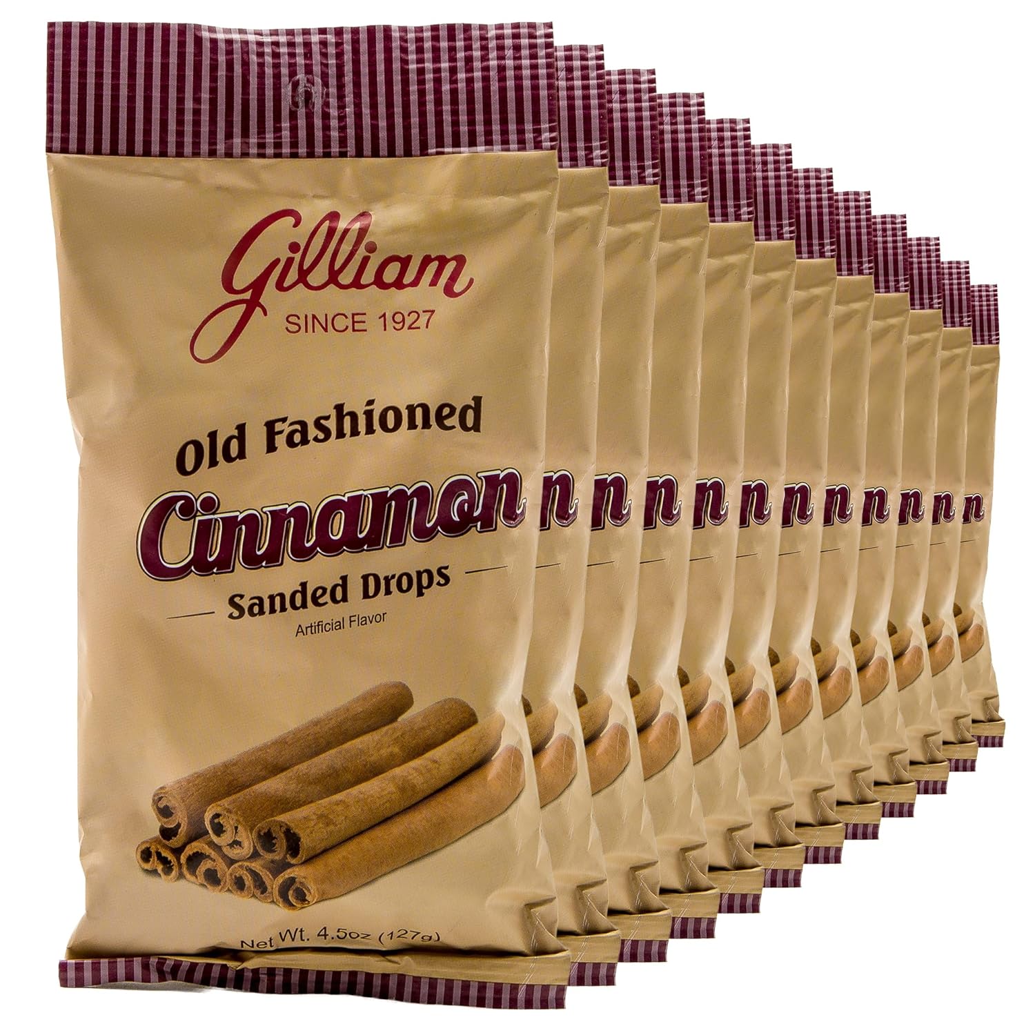 Gilliam Cinnamon Sanded Drops - Old Fashioned Hard Candy Made in the USA Bold Spicy Cinnamon Flavor Classic Handcrafted Candy for Sharing Celebrations and Everyday Treats, 12 Bags (4.5oz each)
