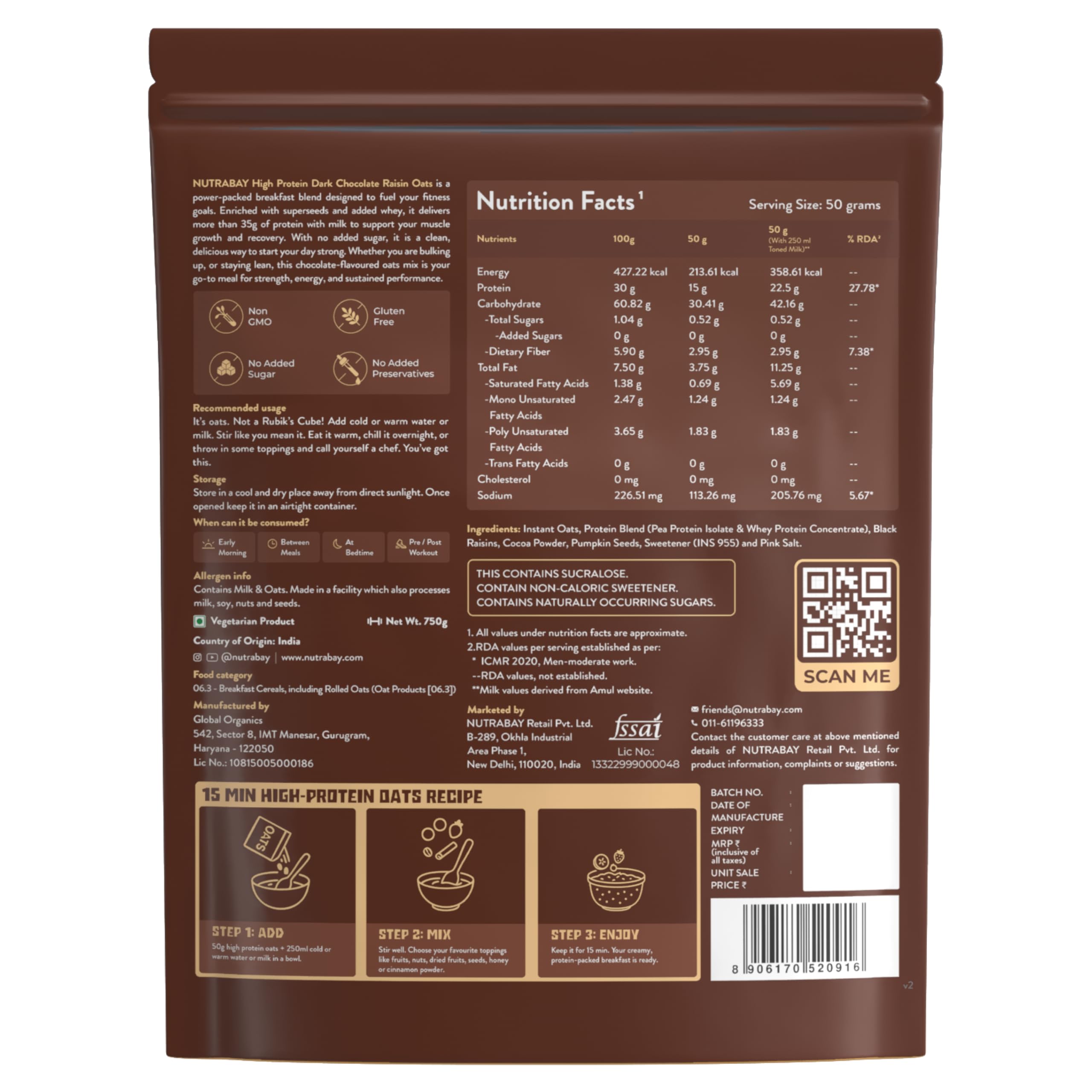 Nutrabay High Protein Oats - 750g, Dark Chocolate Raisin | 30g Highest Protein Oats Ever with Whey Protein Concentrate & Pea Protein Isolate | Zero Added Sugar 4
