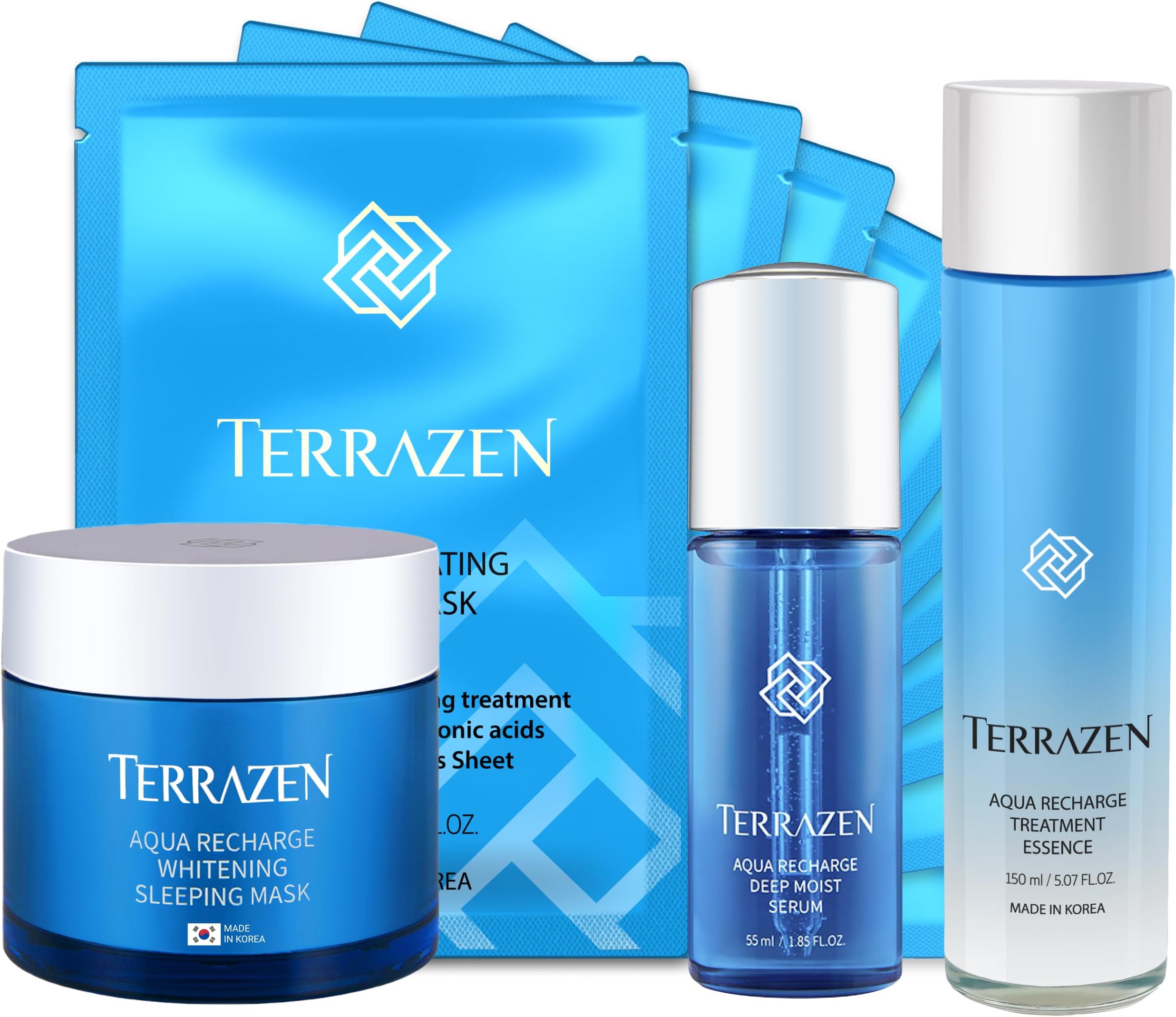 TERRAZEN Korean Aqua Skincare Bundle - Hydrating Face Sheet Masks, Deep Moist Essence, Recharge Serum & Sleeping Mask - Complete Moisturizing and Rejuvenating Skincare Routine for Dry & Sensitive Skin