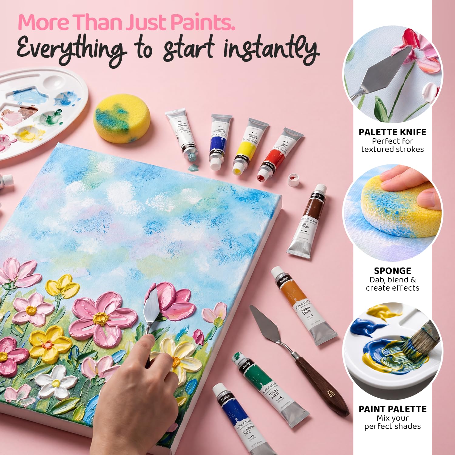 Chalkola Set di colori acrilici per adulti e bambini, kit da 56 pezzi per pittura su tela con 32 colori (22 ml), 10 pennelli, 10 tele, cavalletto da tavolo, tavolozza, coltello, forniture