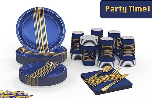 Miniatura 8 de Juego de platos y servilletas de papel azul marino dorado para 36 invitados, vasos de papel azul rey de 12 onzas, cubiertos, juego de vajilla