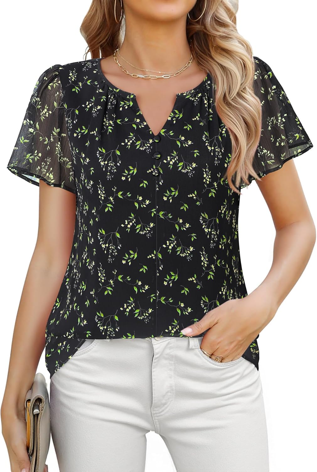 Furnex Women's Short Sleeve Floral Tops Double Layers Chiffon Blouses Office Work Shirts