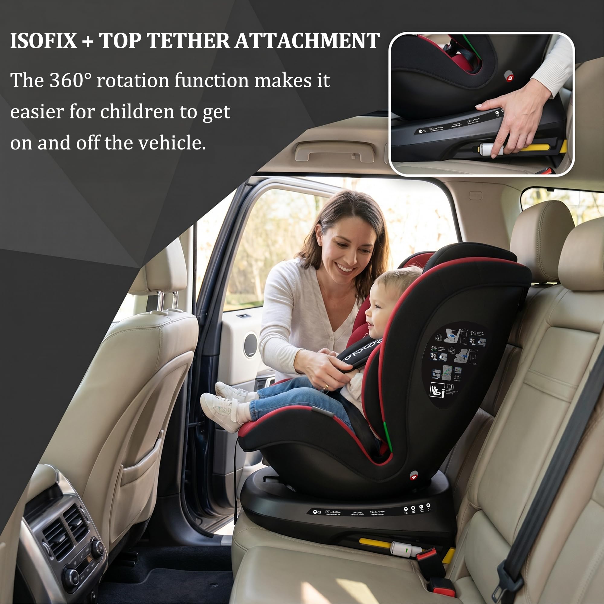 Reecle Fotelik dziecięcy 360 i-Size, fotelik samochodowy 40-150 cm, obracany o 360 stopni, 0-12 lat, fotelik samochodowy z ISOFIX (czerwony)