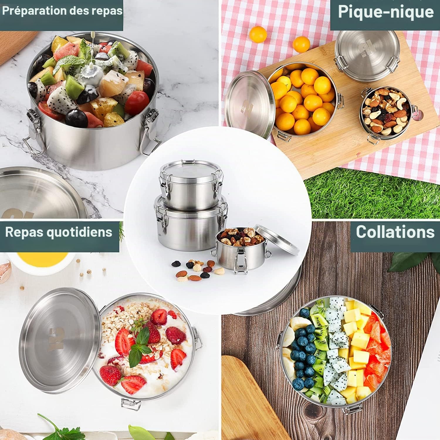 nicelock Lot de 3 boîtes de conservation hermétiques Récipients Alimentaires en Acier Inoxydable avec Couvercles Hermétiques Boîtes 450ml + 750ml + 1200ml