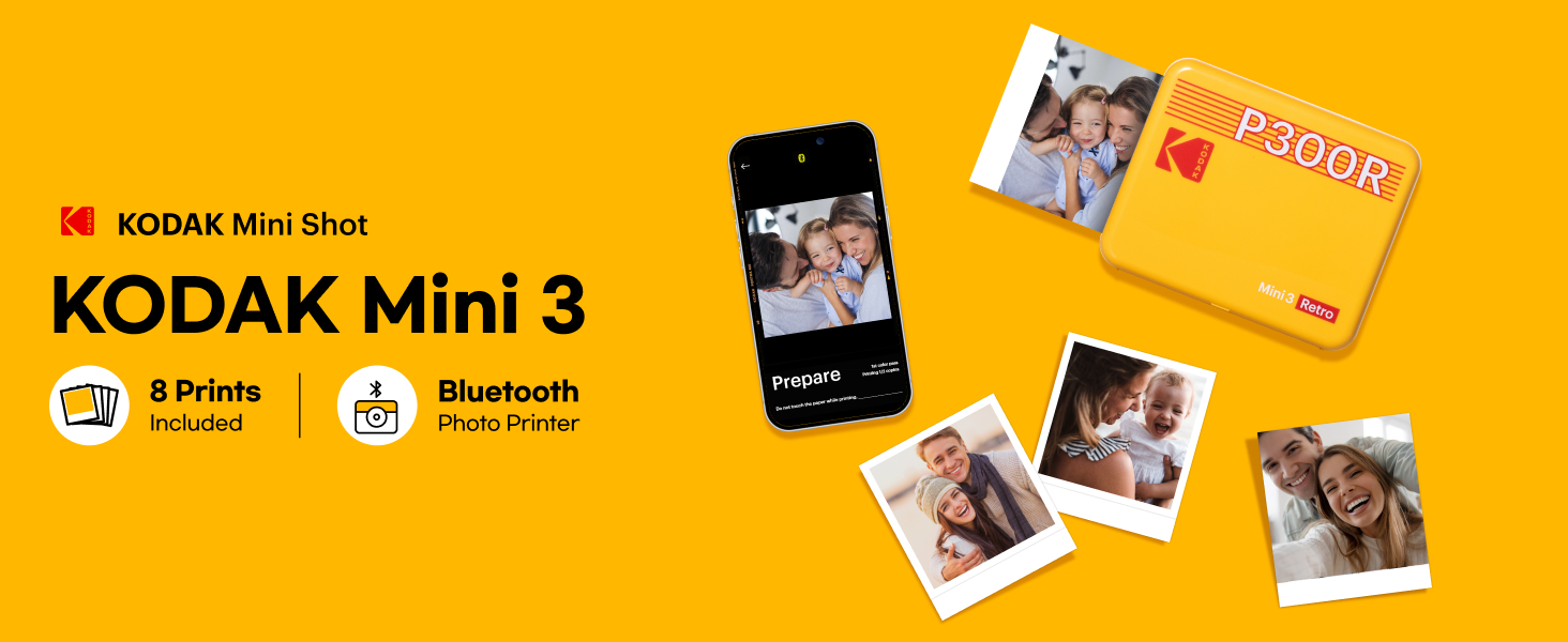 KODAK Mini 3 Retro 3x3 Portable Photo Printer, 4PASS, 8 Sheets