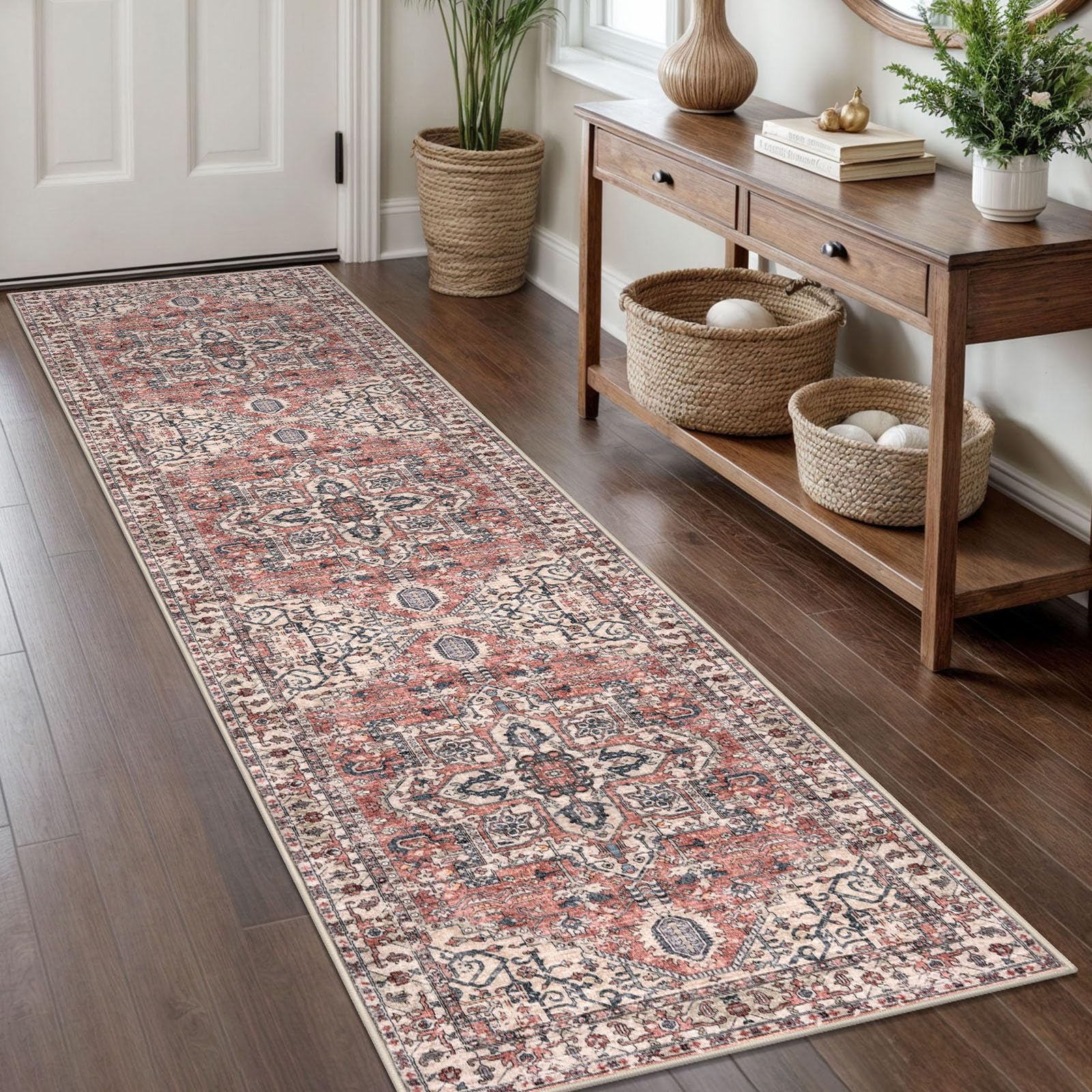 KOZYFLY Runners for Hallways 2x8 Ft Washable Kitchen Runner Rug Boho Entry Rug for Hallways Indoor Printed Faux Wool Long Floor Carpet for Entryway Bedroom Kitchen Hallway, Terracotta/Beige — image 1