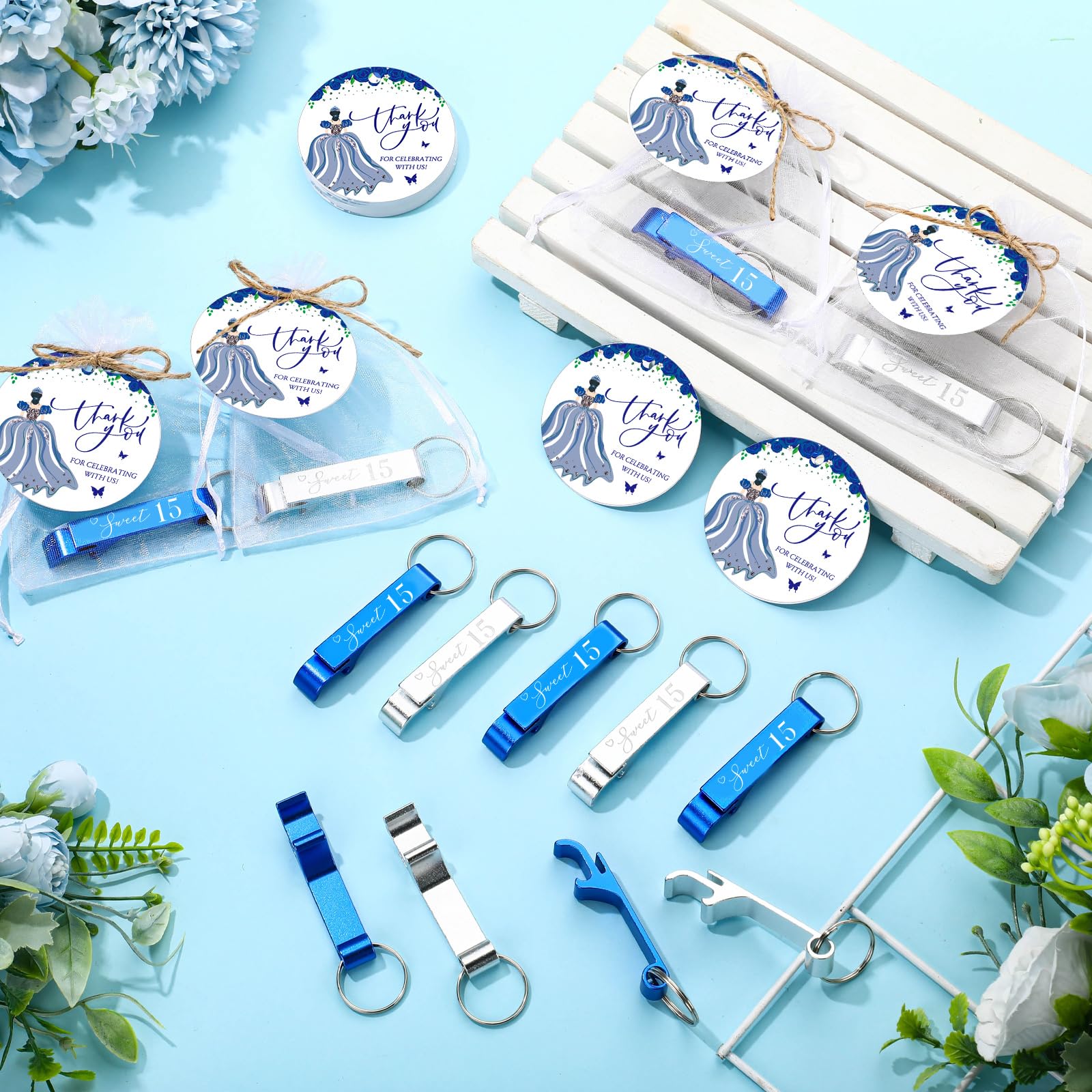 Dandat 50 Sets Quinceanera Party Favors for Guests Sweet 15 Bottle Opener Keychain with Thank You Cards Organza Bags Rope Quinceanera Gift for 15th Birthday Party Favor Guests (Blue,Silver)