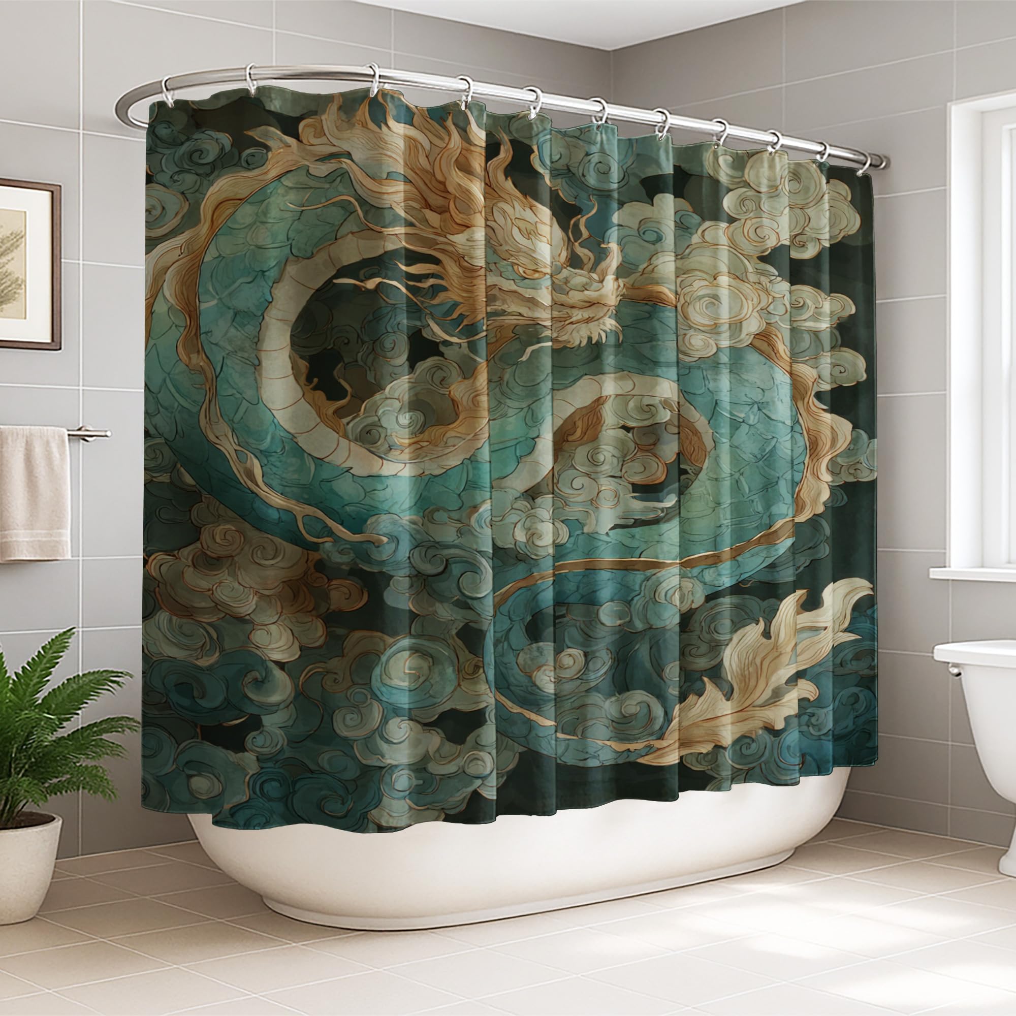 Rideau de douche polyester imperméable grand format dragon et vagues
