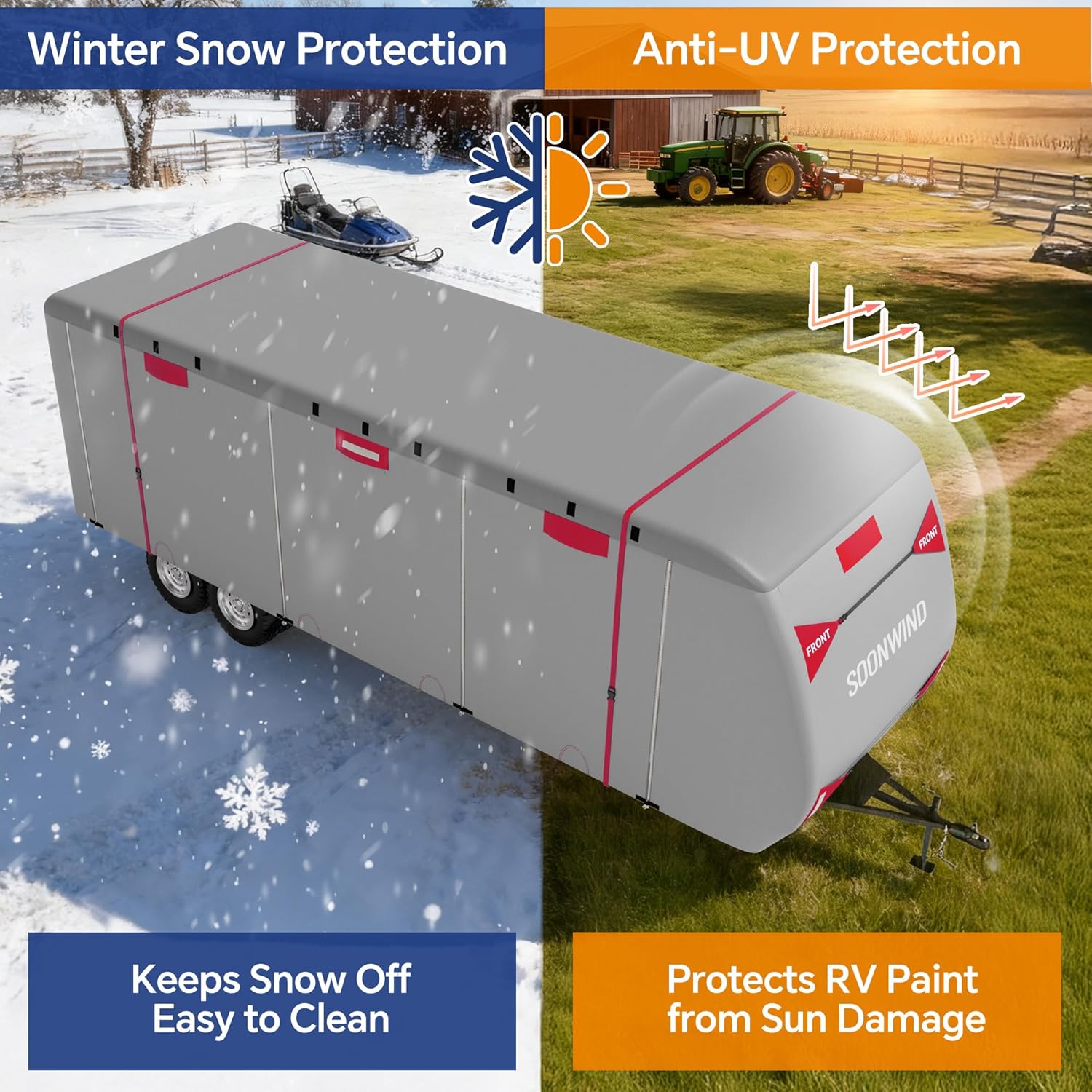 Heavy Duty 7 Layers RV Cover, Camper Cover & Travel Trailer Cover 22-24ft, Waterproof Windproof All-Weather Protection with Tongue Jack Cover, Gutter Covers & Reinforced Straps - Red