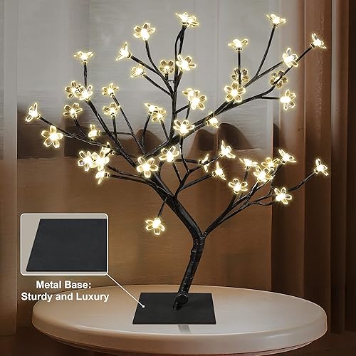 Miniatura 3 de Lightshare Árbol bonsái con flores de cerezo 48 luces LED luz blanca cálida ideal como luces de noche idea de regalo para el hogar 18 pulgadas