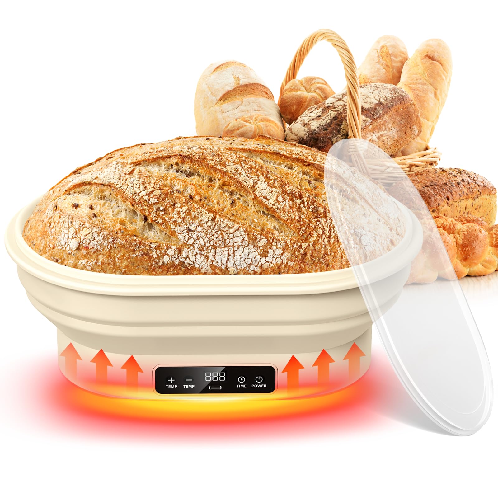 Calentador de masa madre premium con cuenco plegable de silicona para cocina: esencial para hornear en casa con compatibilidad con tarro Weck y tapete de calefacción para fermentación controlada