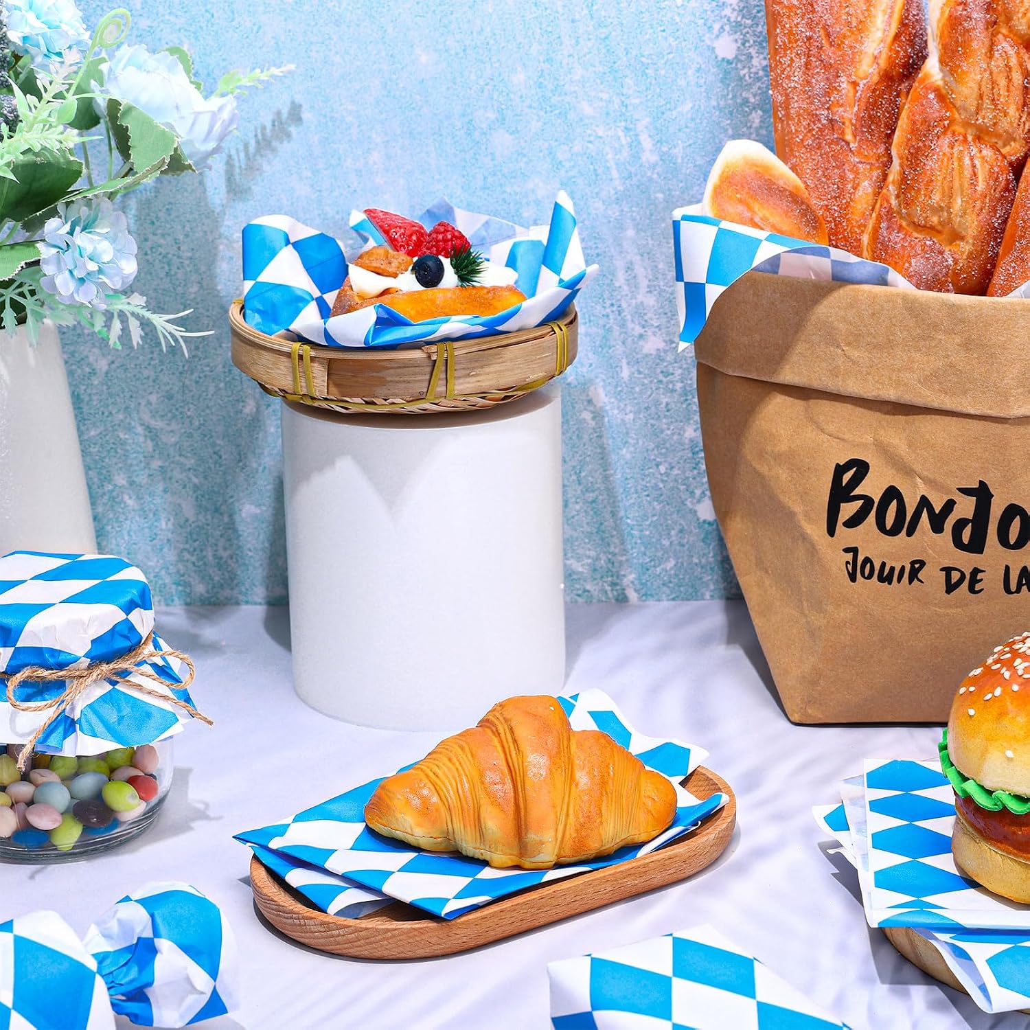 Whaline 100Pcs Oktoberfest Wax Paper Blue White Checkered Deli Paper Munich Bavarian Style Sandwich Wrapping Tissue Grease Resistant Basket Liners for Food Baking German Beer Festival Party Supplies image 3