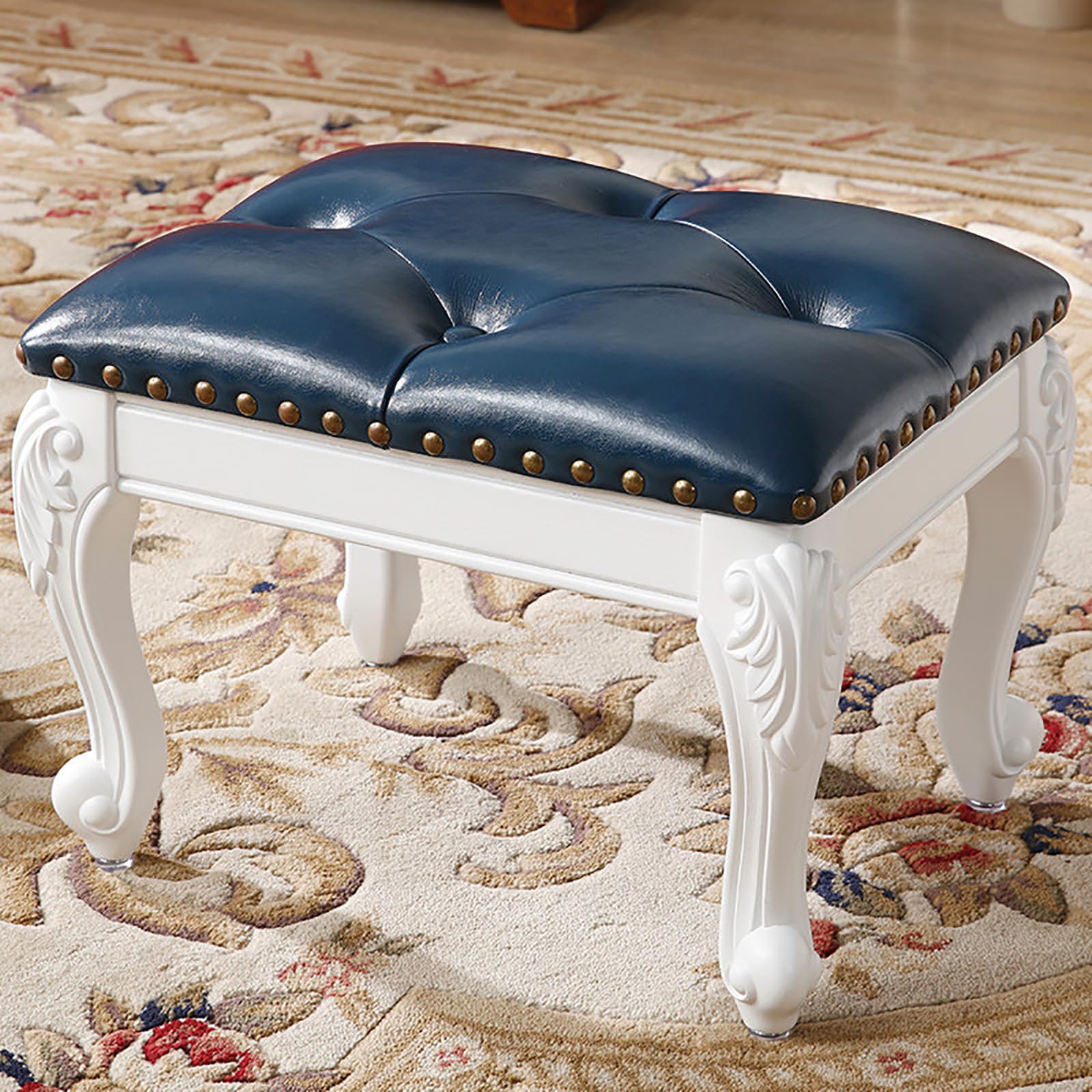 Mescxty C Leather Foot Stool Ottoman,Vintage Arved Upholstered Low Shoe Hanging Rest Stool,Wooden Footstool For Ouch/Living Room/Sofa,