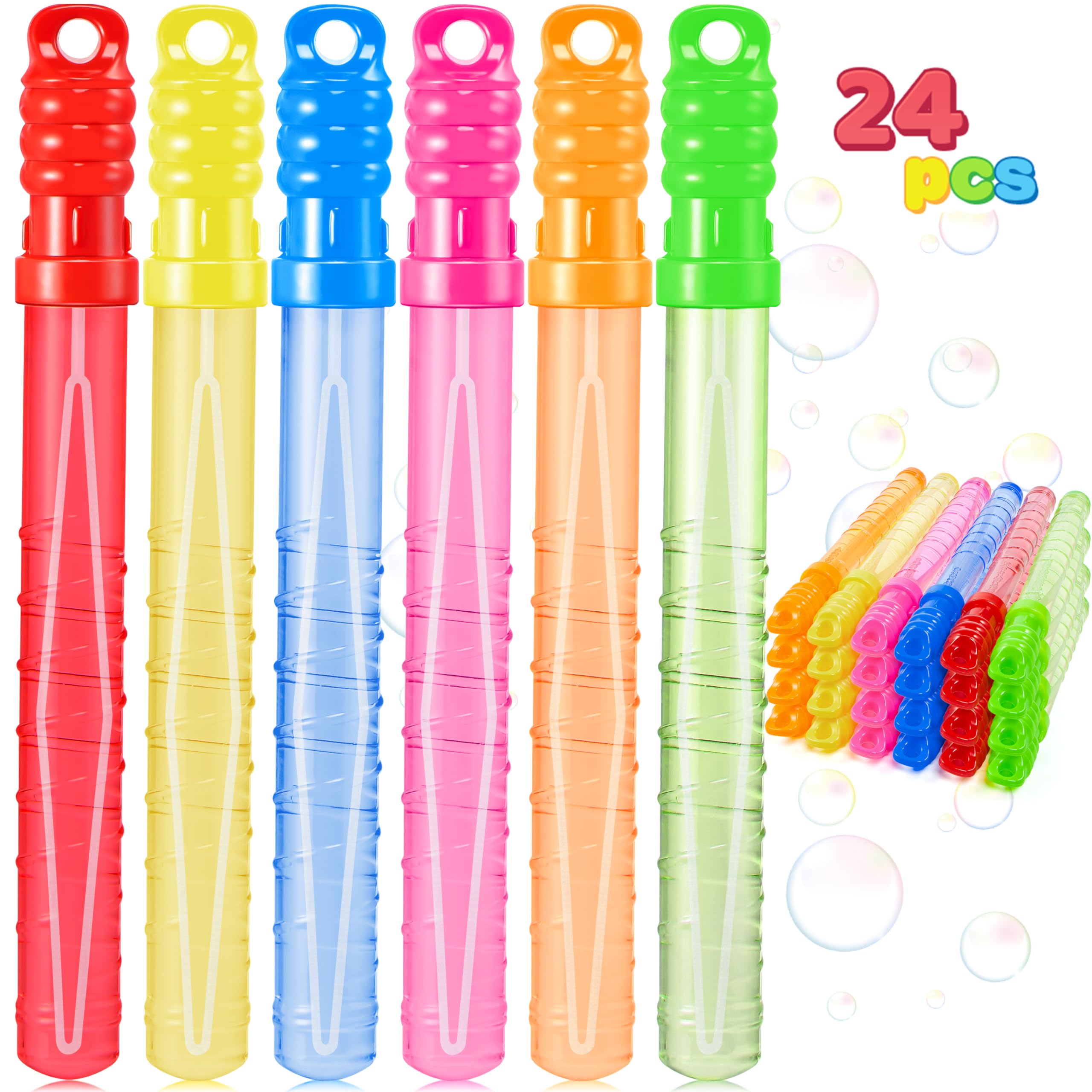 JOYIN 24 Pack 10'' Mid Bubble Wands Assortment, 6 Colors Bubble Wands 3 OZ Party Favors Kids Summer Toys, Outdoor Play Toys Games Christmas Birthday Party