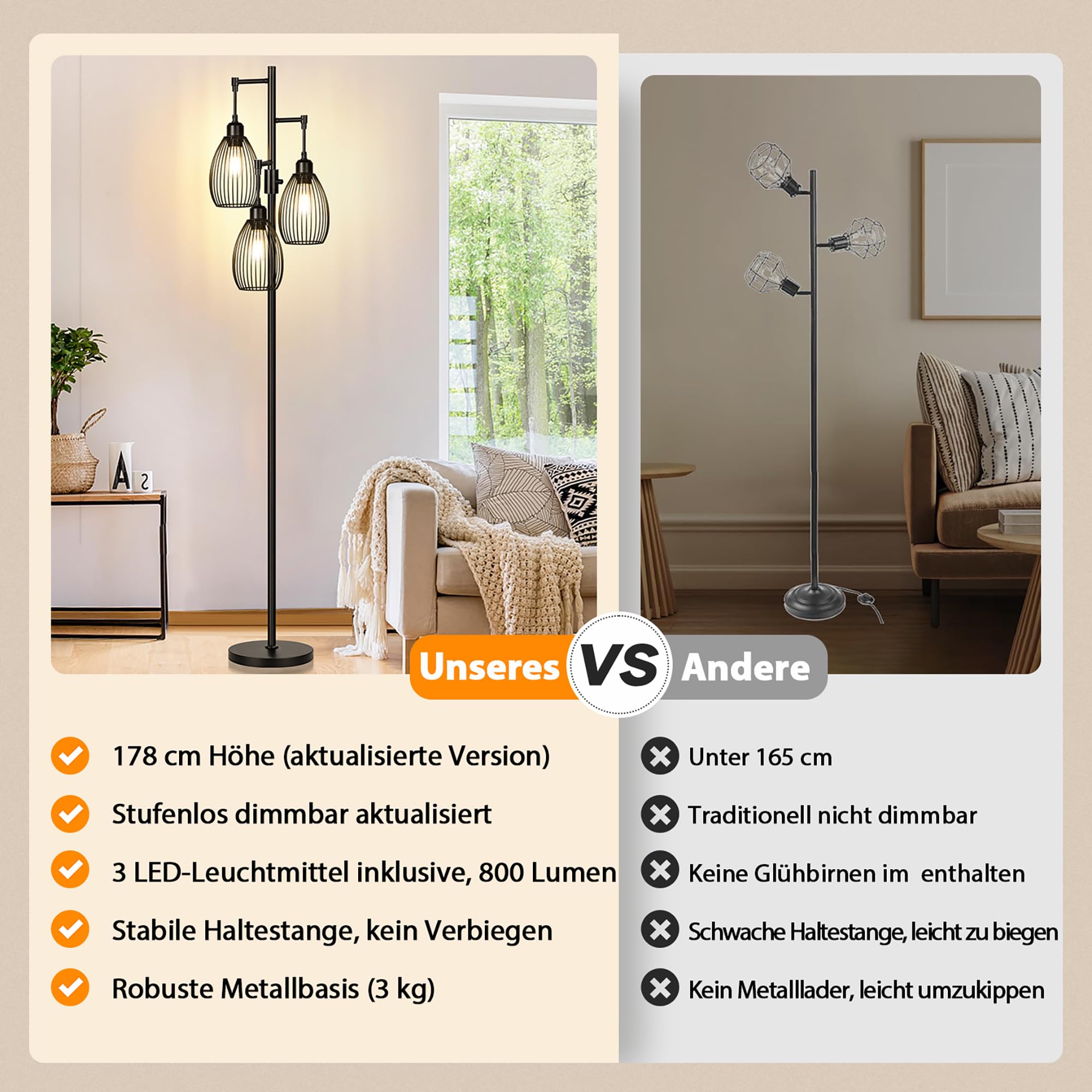 Nintiue Stehlampe Wohnzimmer Dimmbare, mit 3 x 800 LM LED-Glühbirnen, Industrie Bogenlampe stehleuchte mit Elegante tropfenförmige Käfig-Hochlampen für Wohnzimmer und Schlafzimmer