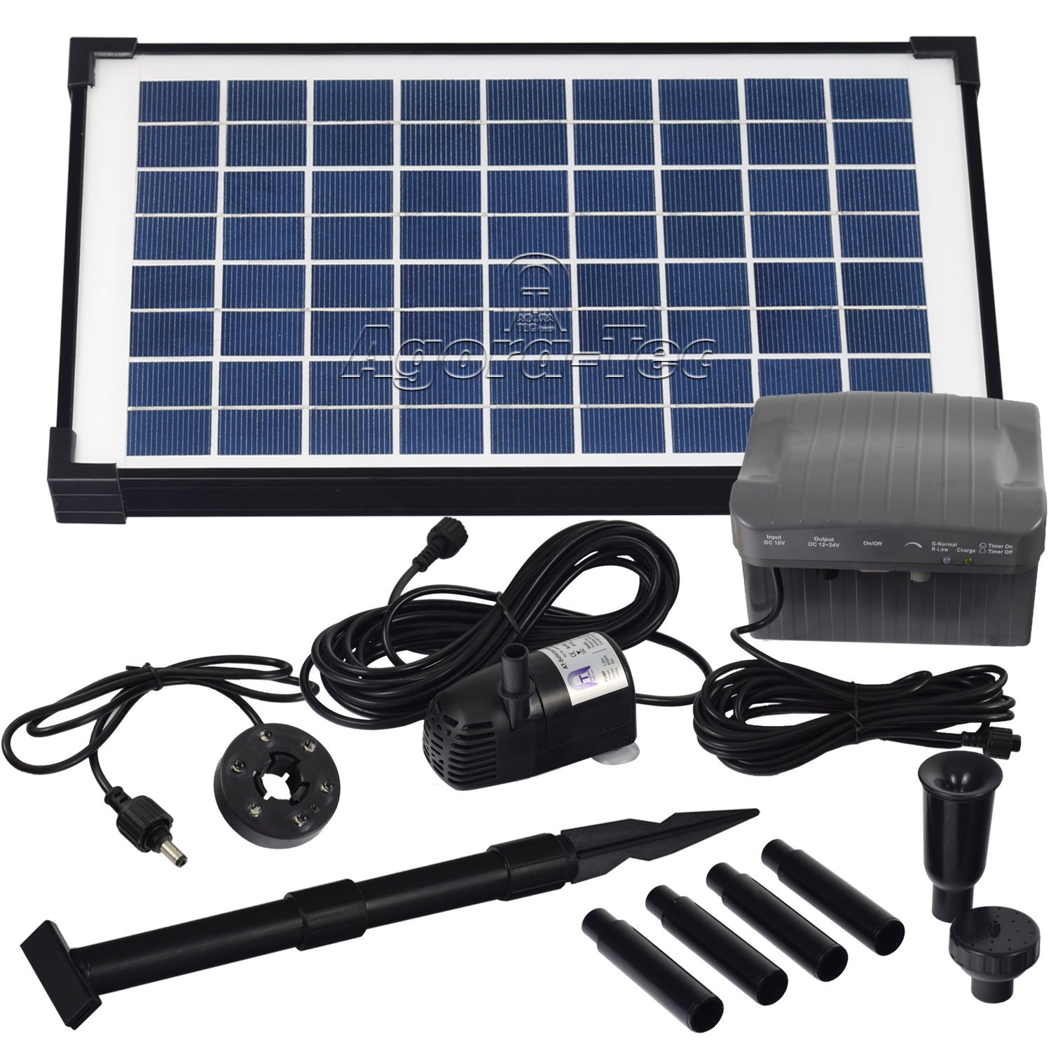 Agora-Tec® Solar Teichpumpe Set 10W beleuchtet | 6-fach LED Ring | Blei-Gel Akku 12V 5Ah | 600l/h Fördermenge | 1,50m Fontainenhöhe | Dämmerungssensor
