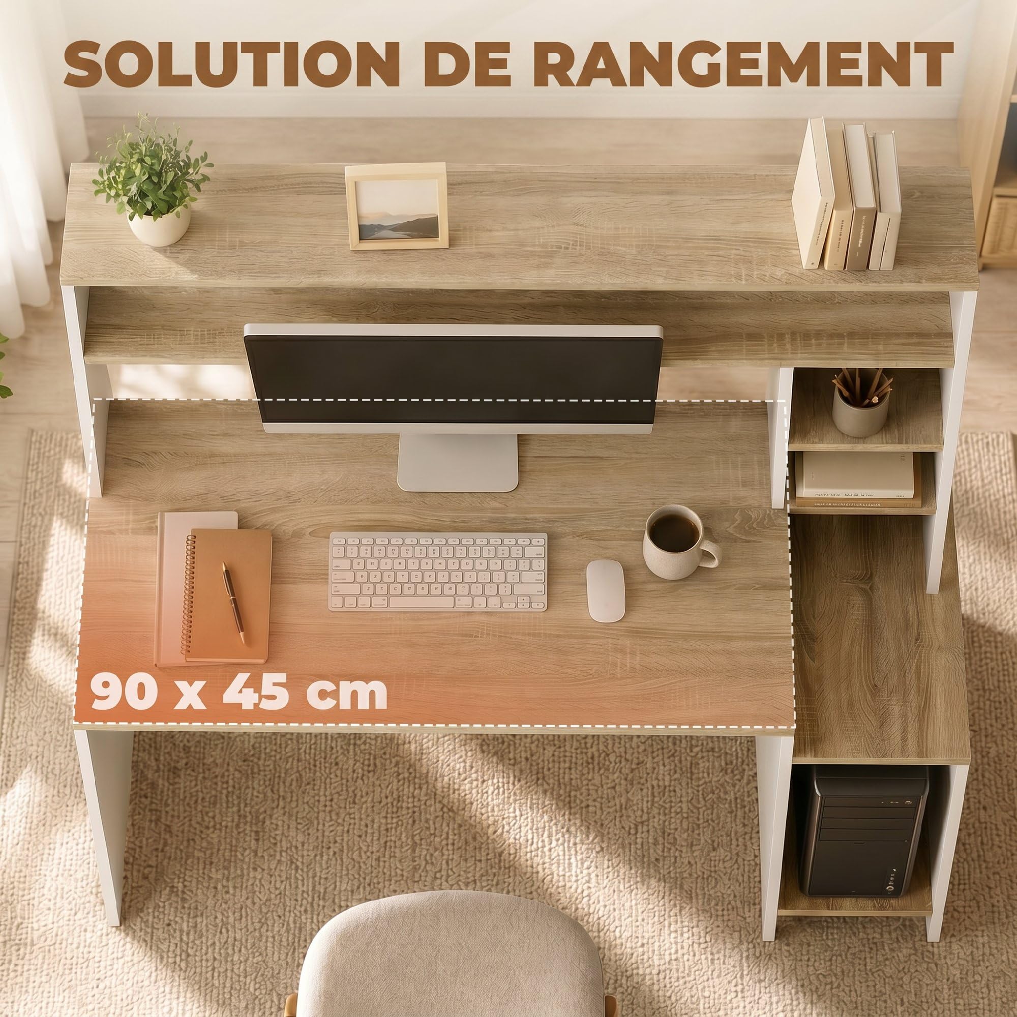HOMCOM Bureau avec Rangement 114 x 45 x 138 cm Blanc et Bois Naturel