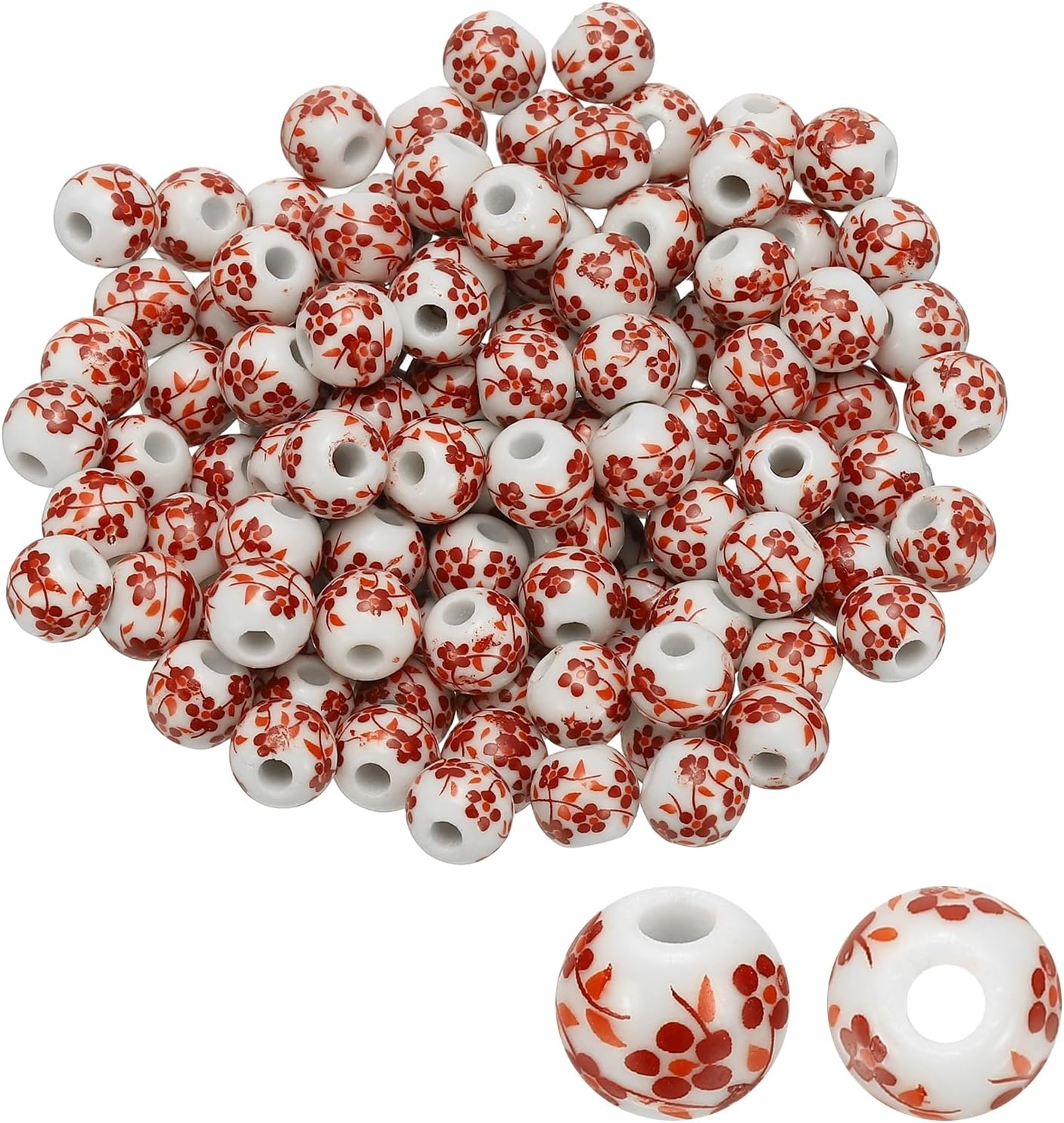 PATIKIL 120 Pcs Ceramic Beads for Jewelry Making, 10mm Flower Printed Round Porcelain Beads Handmade Glazing Beading Supplies for Earring Necklace Bracelets DIY Crafts, Red Floral
