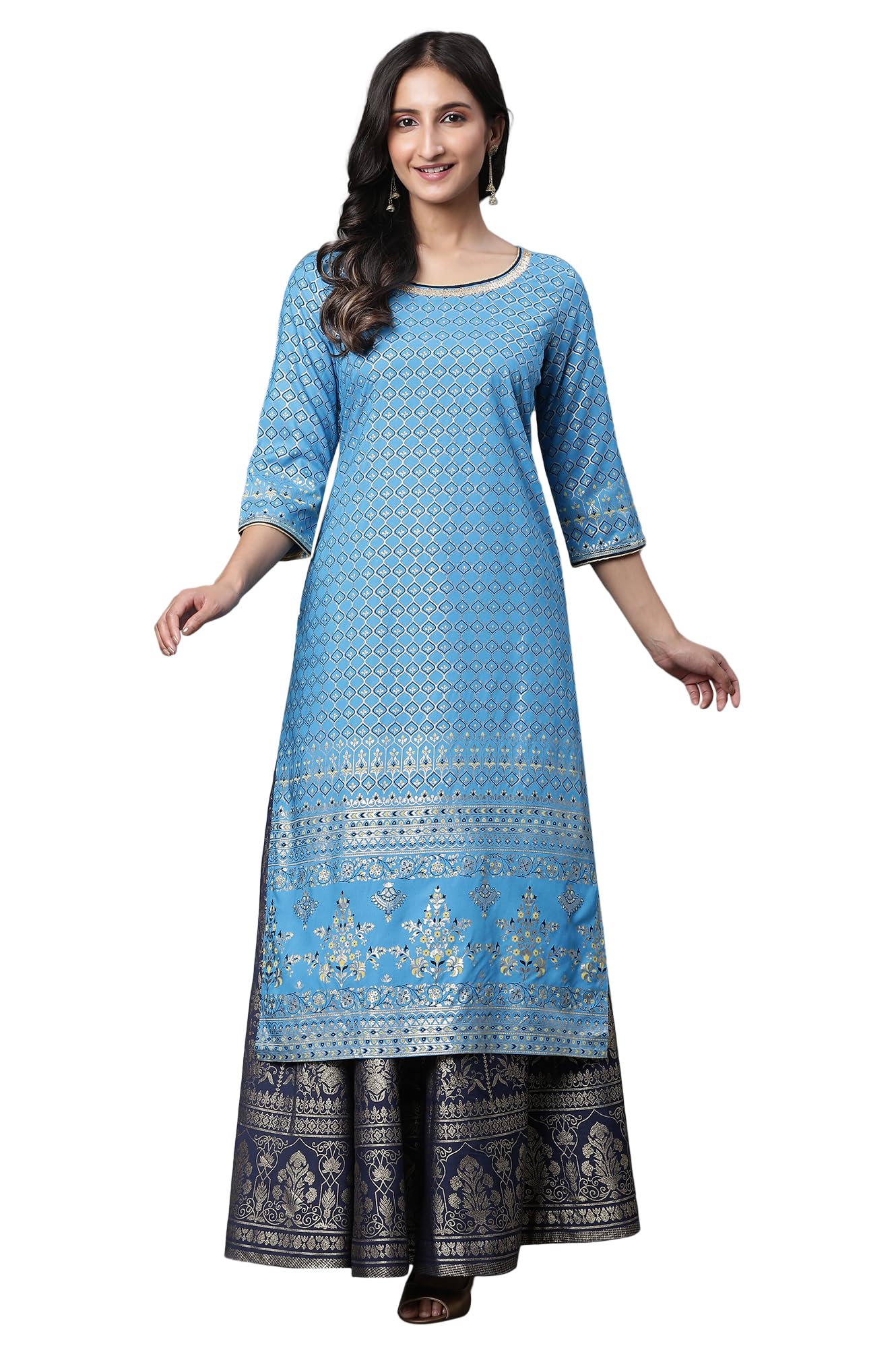 aurelia Women's Rayon Straight Fit Jewel Ornamental Printed Straight Kurta-picture-12