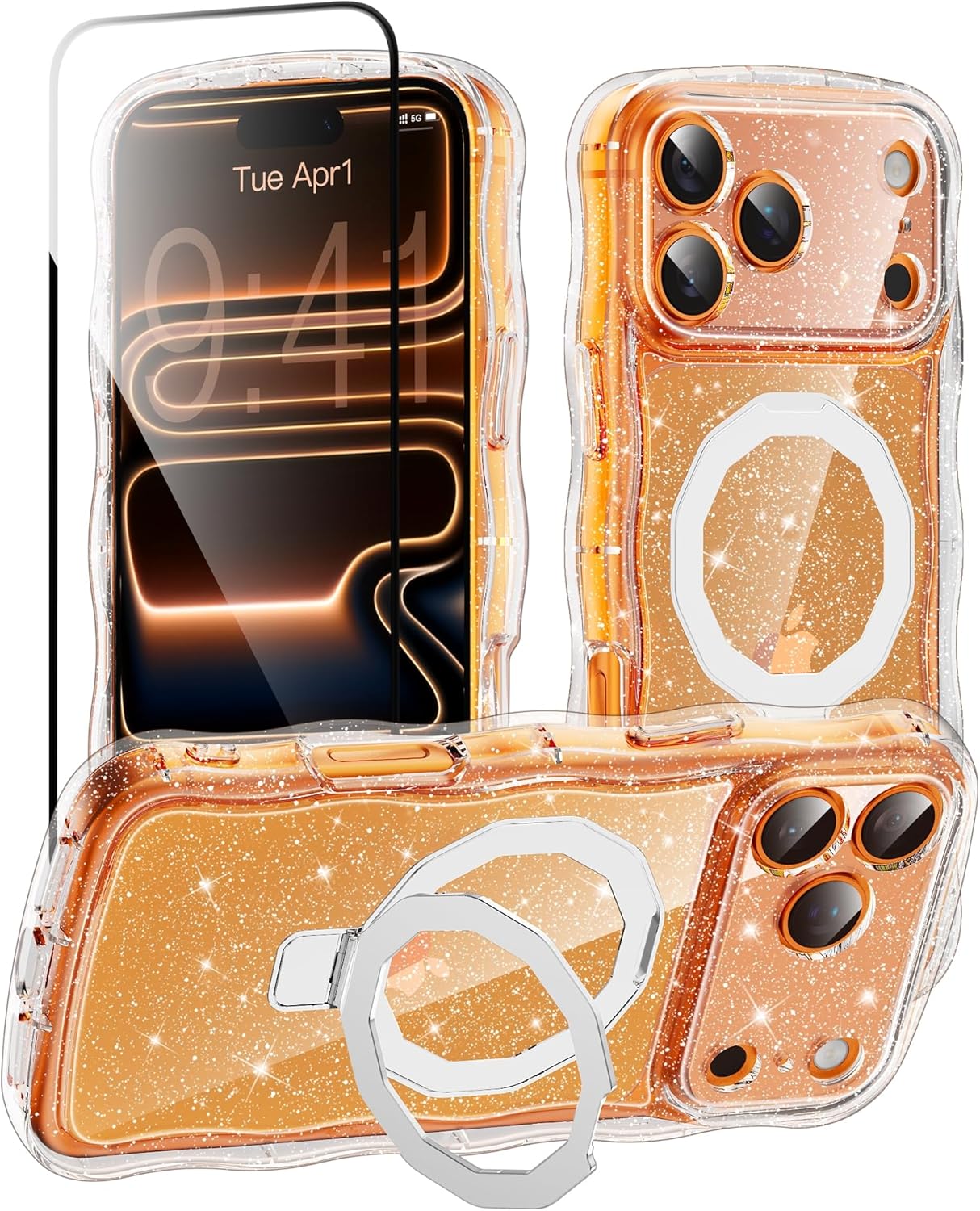 MIODIK Compatible with iPhone 17 Case with Screen Protector, Built-in Seamless Stand and Upgraded Camera Protection, [Compatible with MagSafe] Clear Glitter Wavy Phone Case for 6.3" - Clear Kickstand