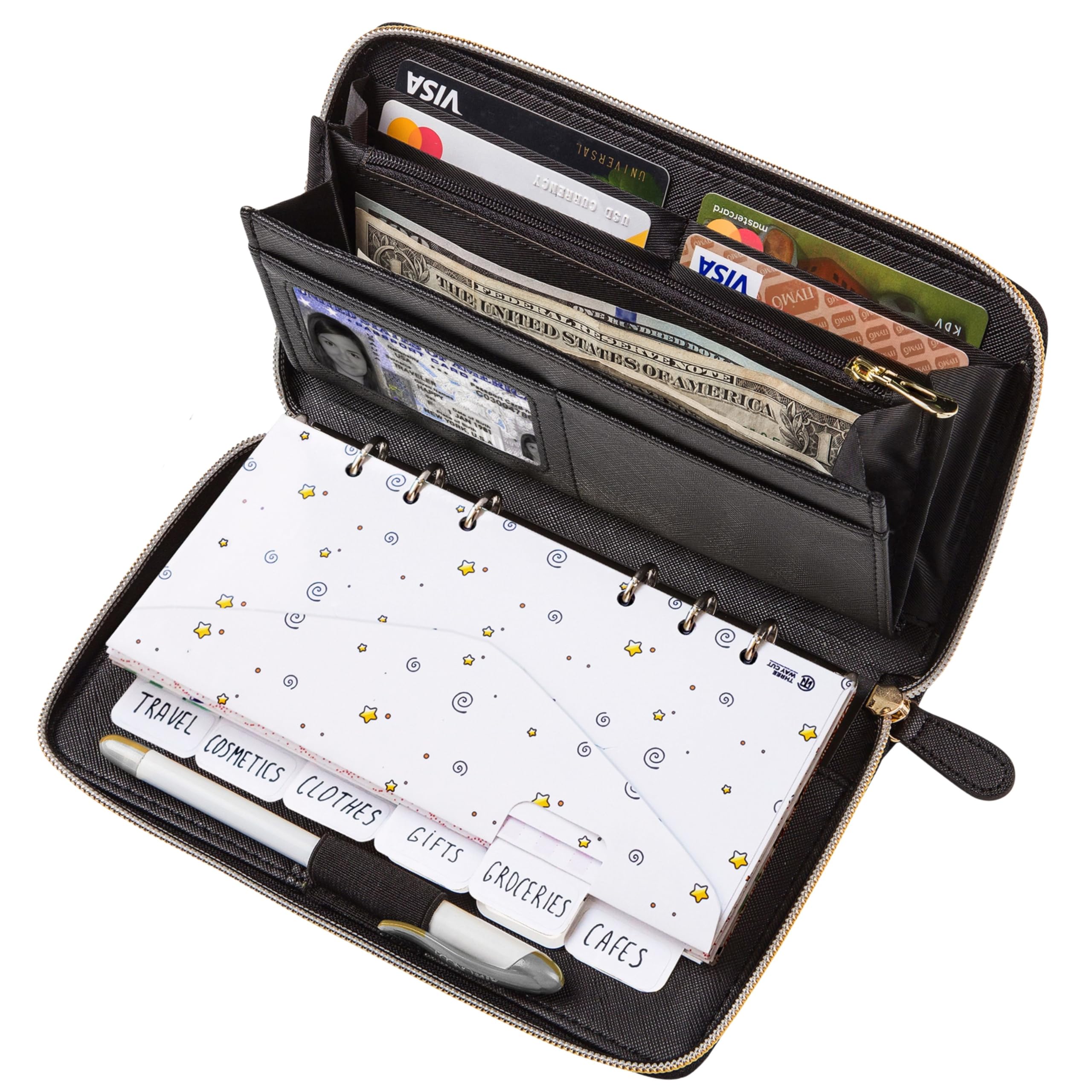 Three Way Cut Cash Envelope Wallet All in One Budget System with 12x Tabbed Cash Envelopes, 12x Monthly Budget Cards,1x Yearly budget planner sheet Complete Money Organizer Set for Cash RFID Protection