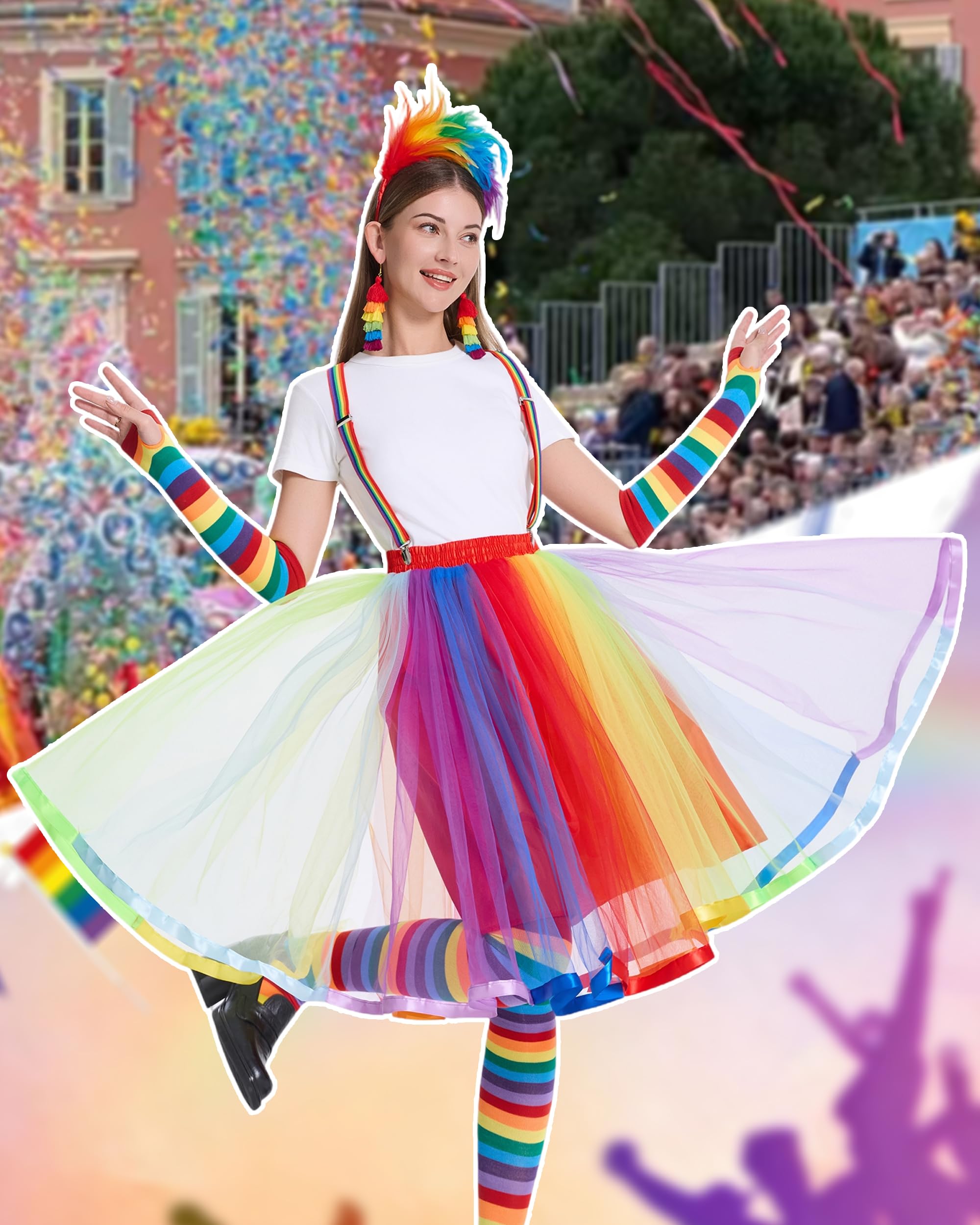 Tęczowy kostium damski, kolorowa spódnica tiulowa, tęczowa spódnica, kostium karnawałowy, akcesoria do kostiumu w stylu retro z neonowym tutu, opaska na włosy, kolczyki, strój damski z lat 80., na