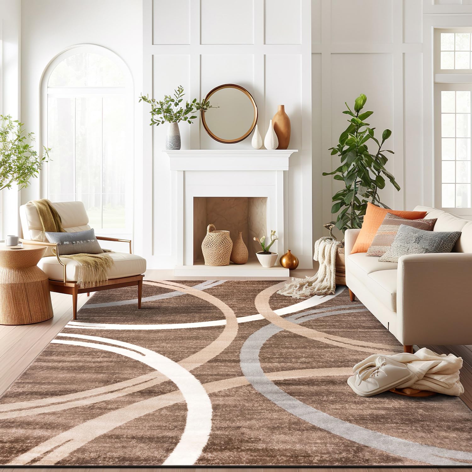 Rugshop Modern Wavy Circles Design Area Rug, Fade-Resistant Carpet for Living Room, Bedroom, or Dining Room, Grand Room,Open Spaces Brown, 12' x 15'