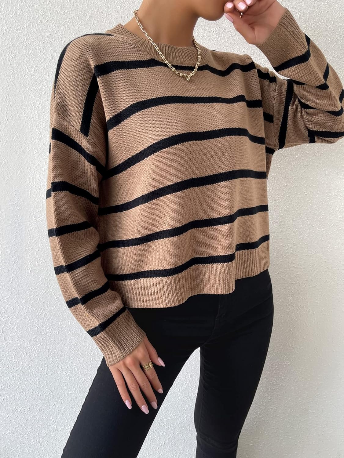Women's Sweater Striped Drop Shoulder Sweater Sweater for Women (Color : Khaki, Size : Medium)